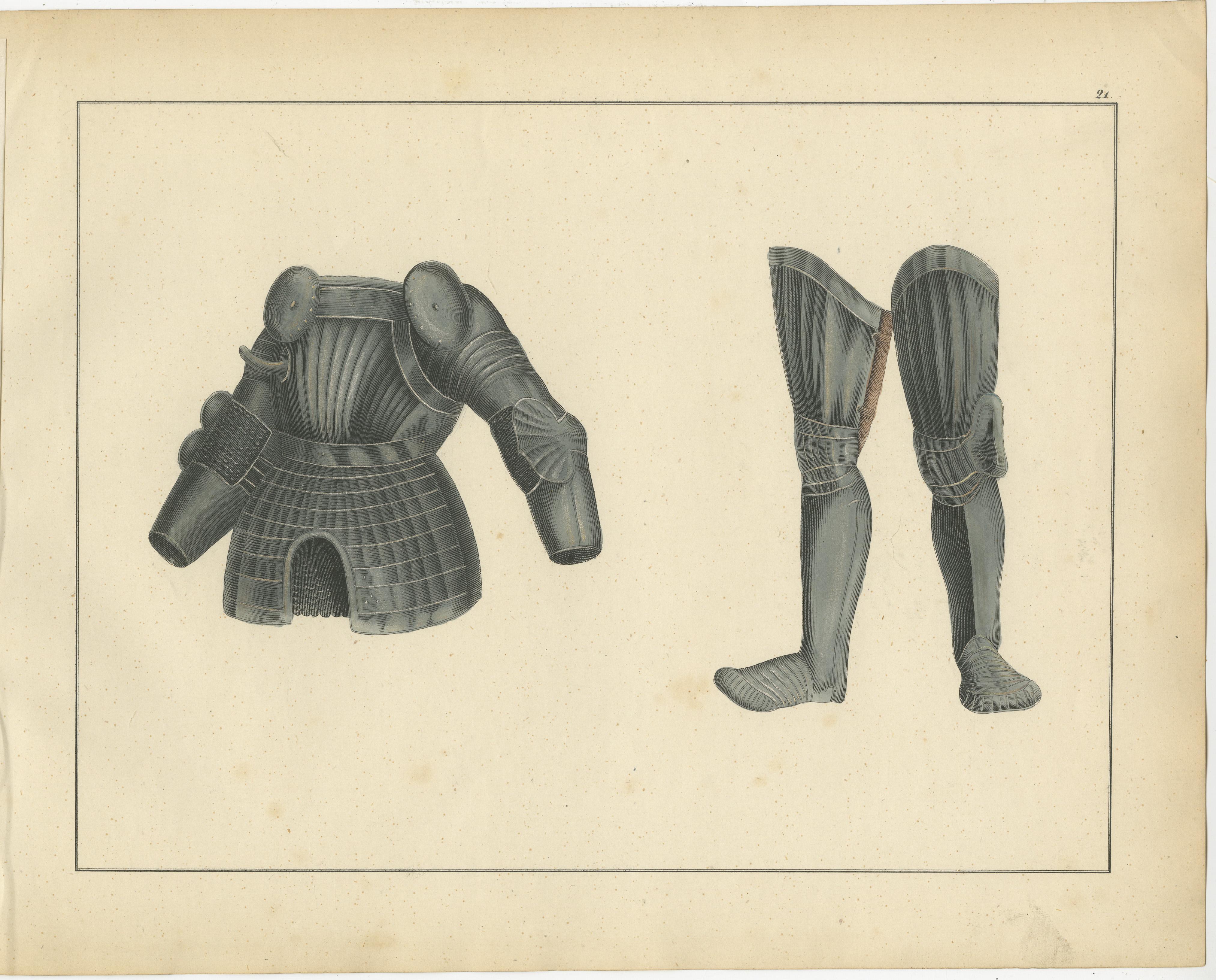 Title:   19th-Century Hand-Coloured Lithograph of Medieval Plate Armor Components  

Description:   This hand-coloured lithograph presents two meticulously illustrated components of a knight's 'plate armor', offering a detailed look at the advanced