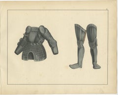 19th-Century Hand-Coloured Lithograph of Medieval Plate Armor Components