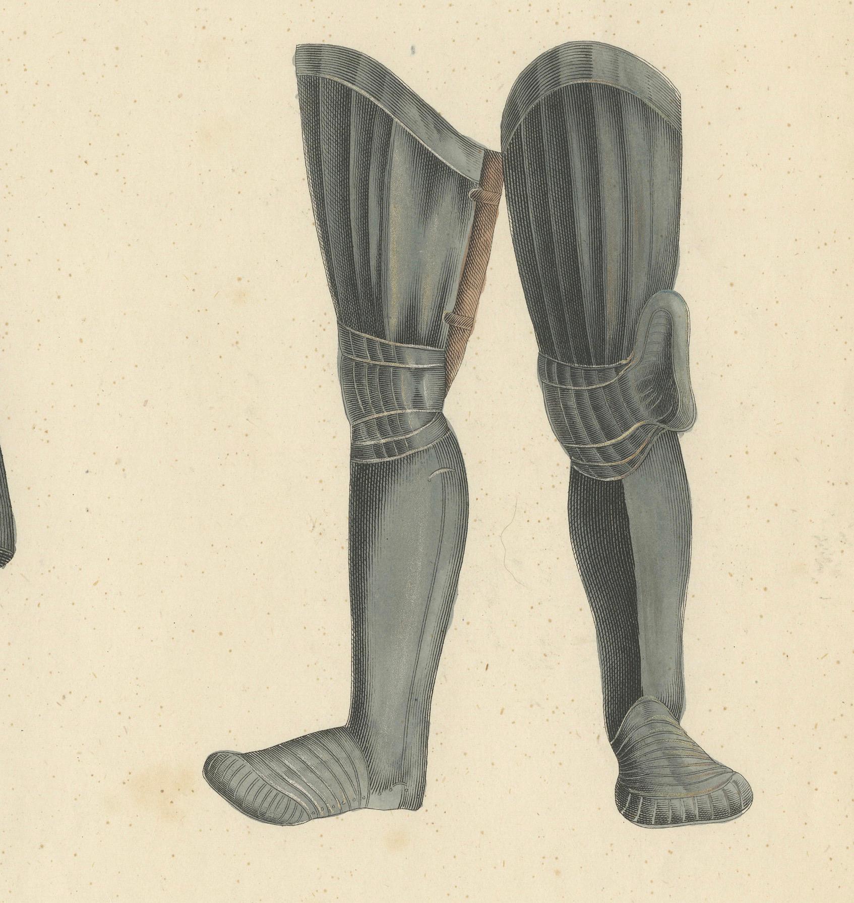 19th-Century Hand-Coloured Lithograph of Medieval Plate Armor Components In Good Condition For Sale In Langweer, NL