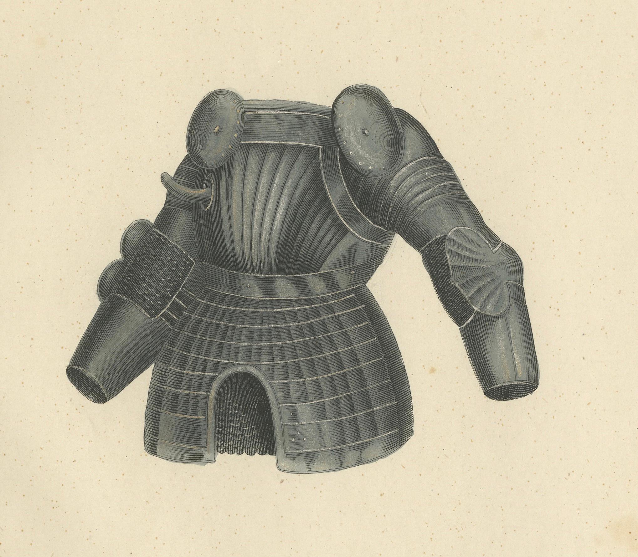 Mid-19th Century 19th-Century Hand-Coloured Lithograph of Medieval Plate Armor Components For Sale