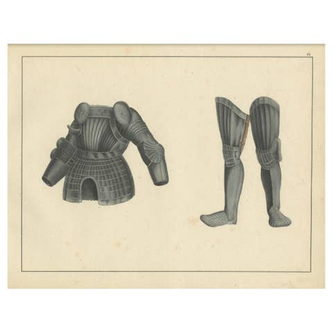 19th-Century Hand-Coloured Lithograph of Medieval Plate Armor Components