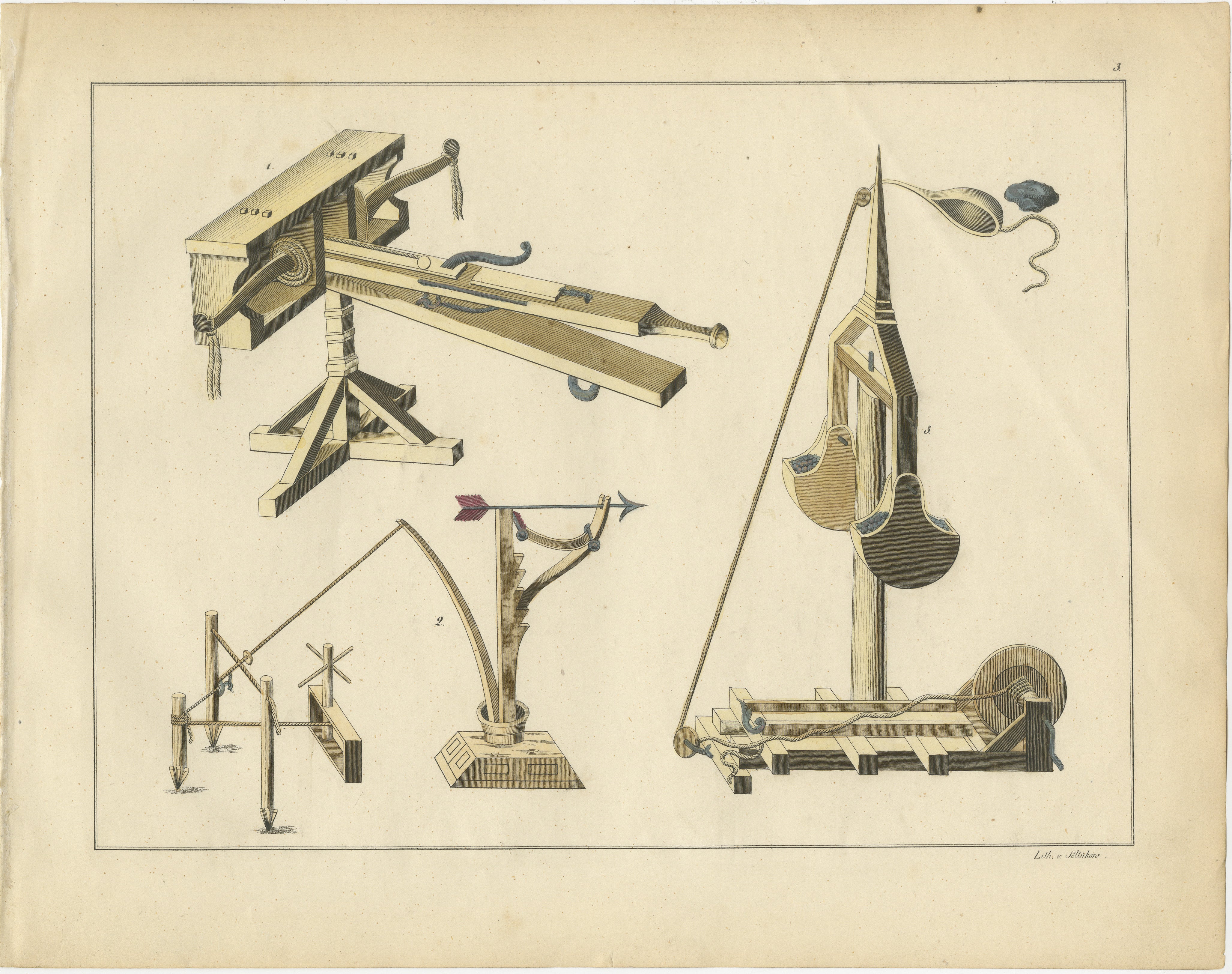 Title: 19th-Century Hand-Coloured Lithograph of Medieval Siege Engines and Catapults  

Description: This meticulously detailed hand-coloured lithograph illustrates a series of medieval siege engines and war machines, highlighting the ingenuity and