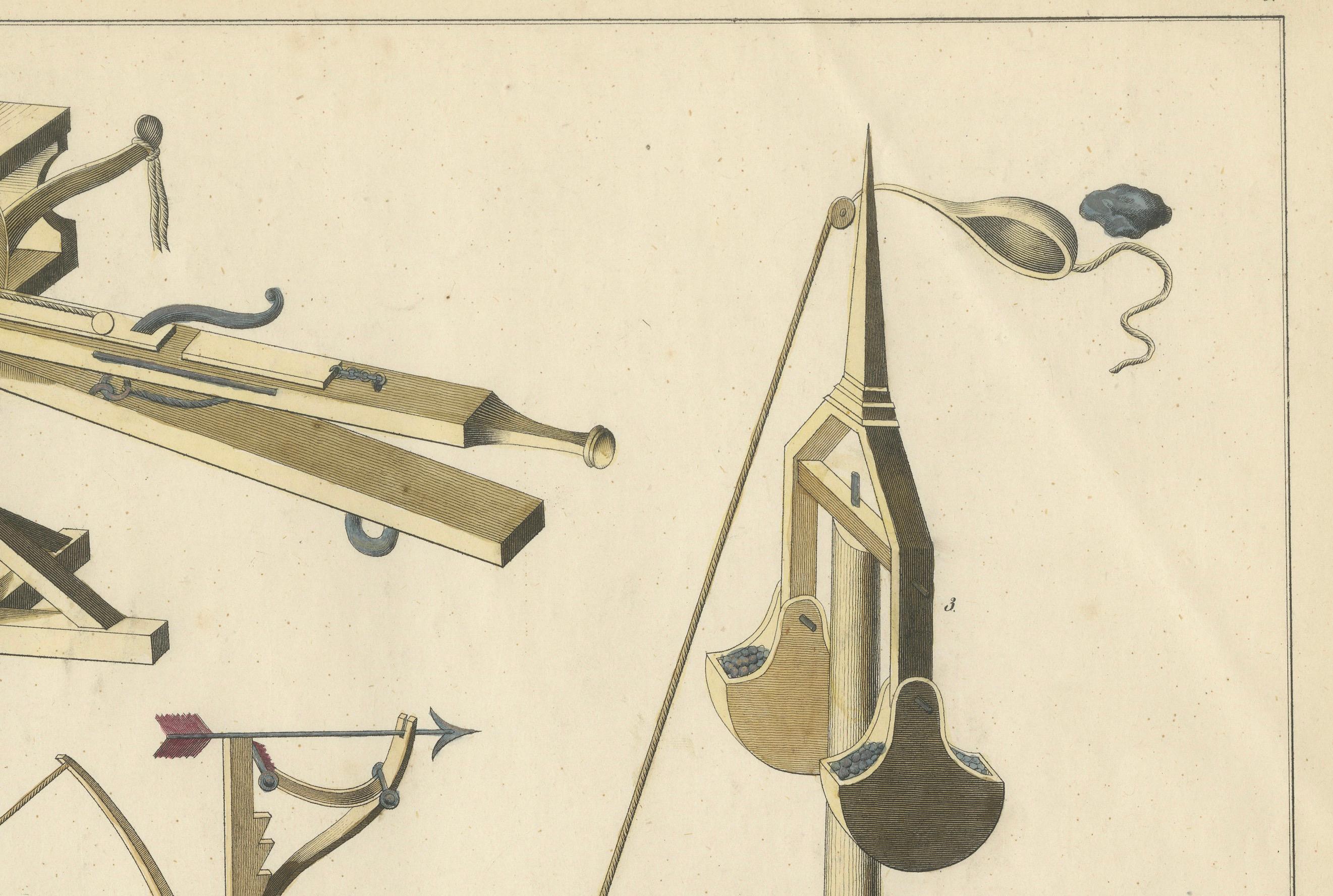 19th-Century Hand-Coloured Lithograph of Medieval Siege Engines and Catapults In Good Condition For Sale In Langweer, NL