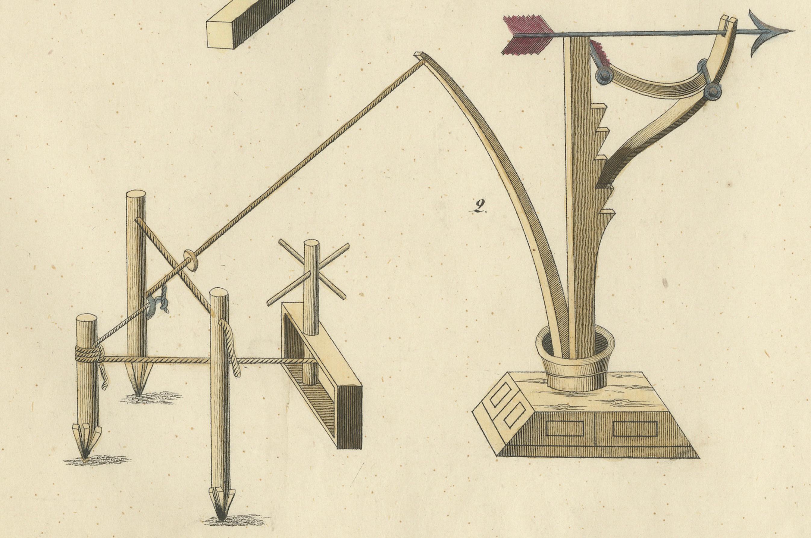 Paper 19th-Century Hand-Coloured Lithograph of Medieval Siege Engines and Catapults For Sale