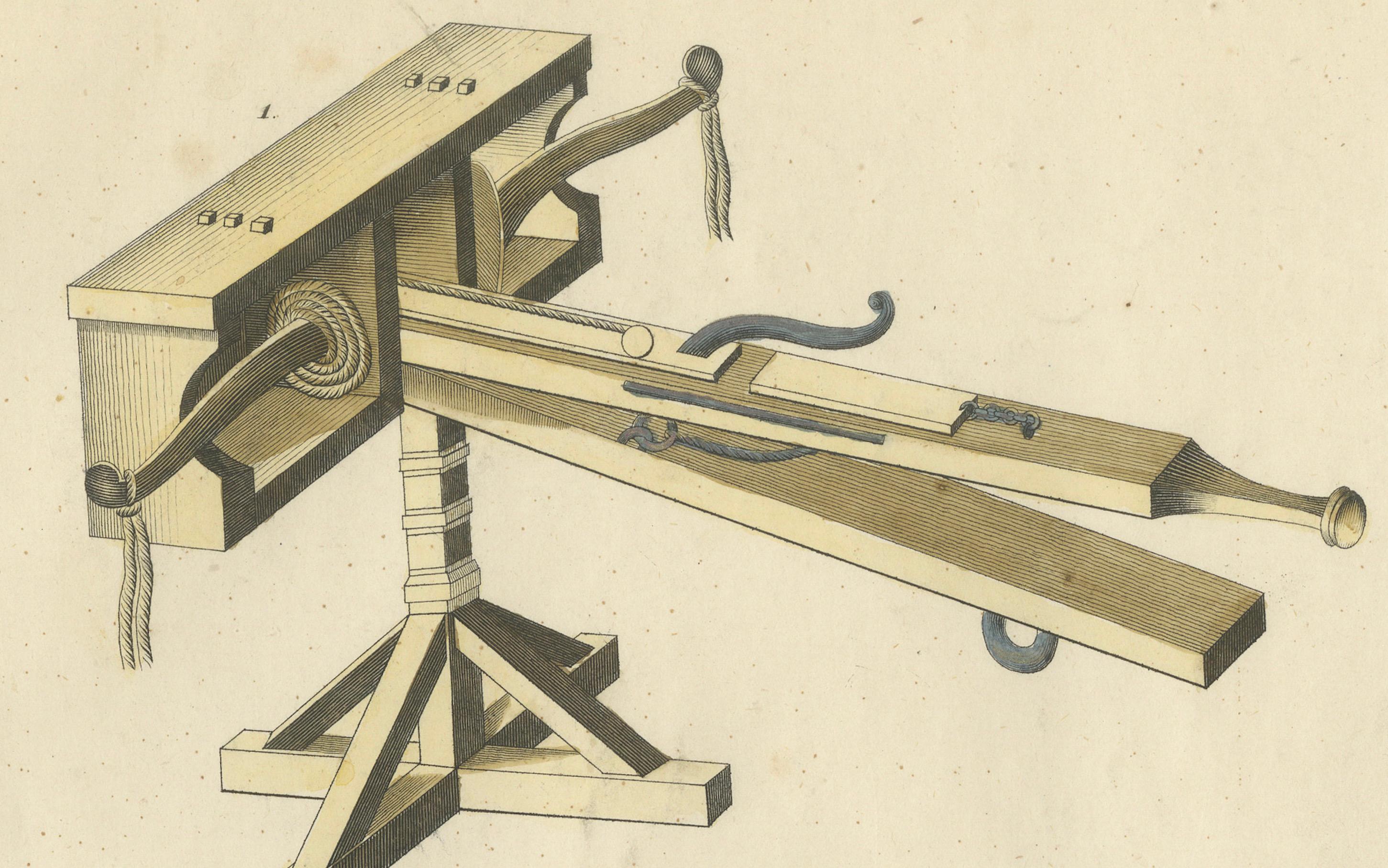 19th-Century Hand-Coloured Lithograph of Medieval Siege Engines and Catapults For Sale 1