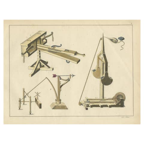 19th-Century Hand-Coloured Lithograph of Medieval Siege Engines and Catapults