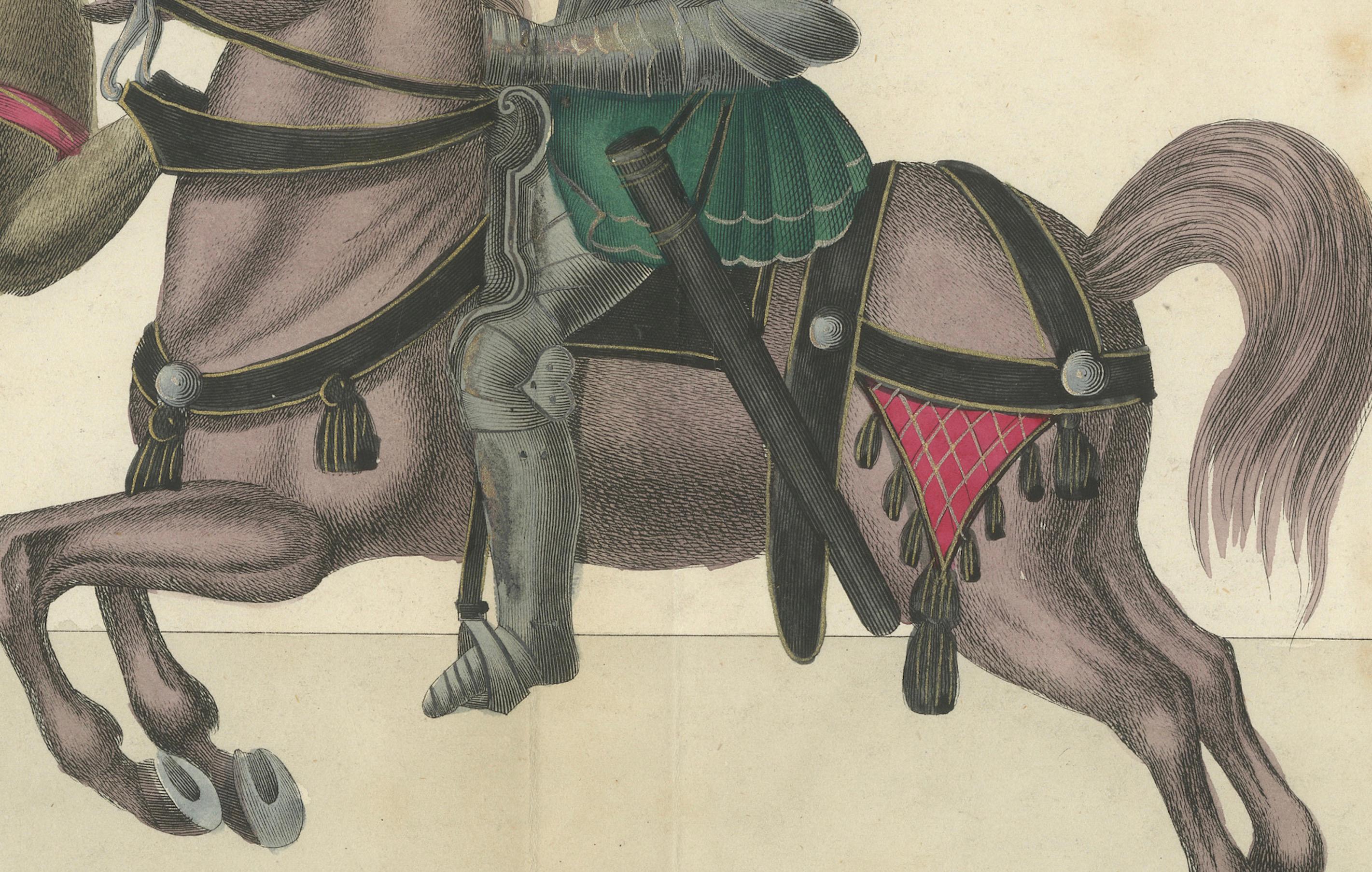 Lithographie du 19e siècle représentant un combat monté avec une lance et une épée
 
Cette lithographie originale coloriée à la main, réalisée en 1842, donne un aperçu vivant et dynamique du monde du combat à cheval inspiré du Moyen Âge ou de la