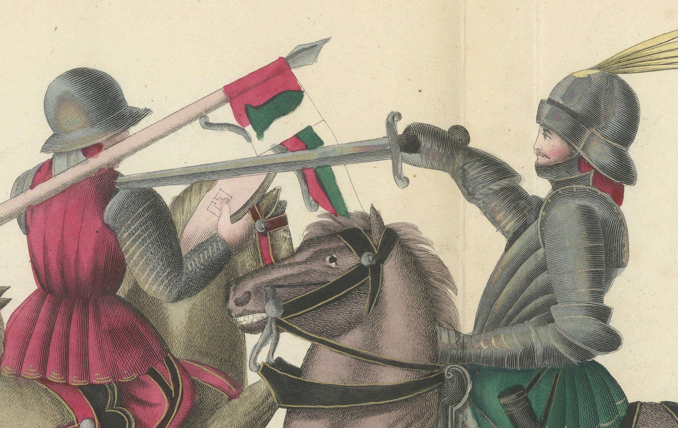 Lithographie du 19e siècle représentant un combat monté avec une lance et une épée Bon état - En vente à Langweer, NL