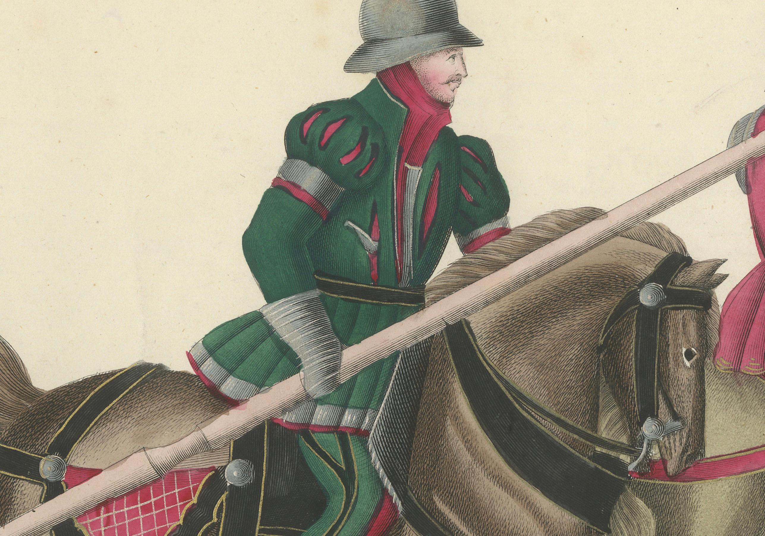 Milieu du XIXe siècle Lithographie du 19e siècle représentant un combat monté avec une lance et une épée en vente