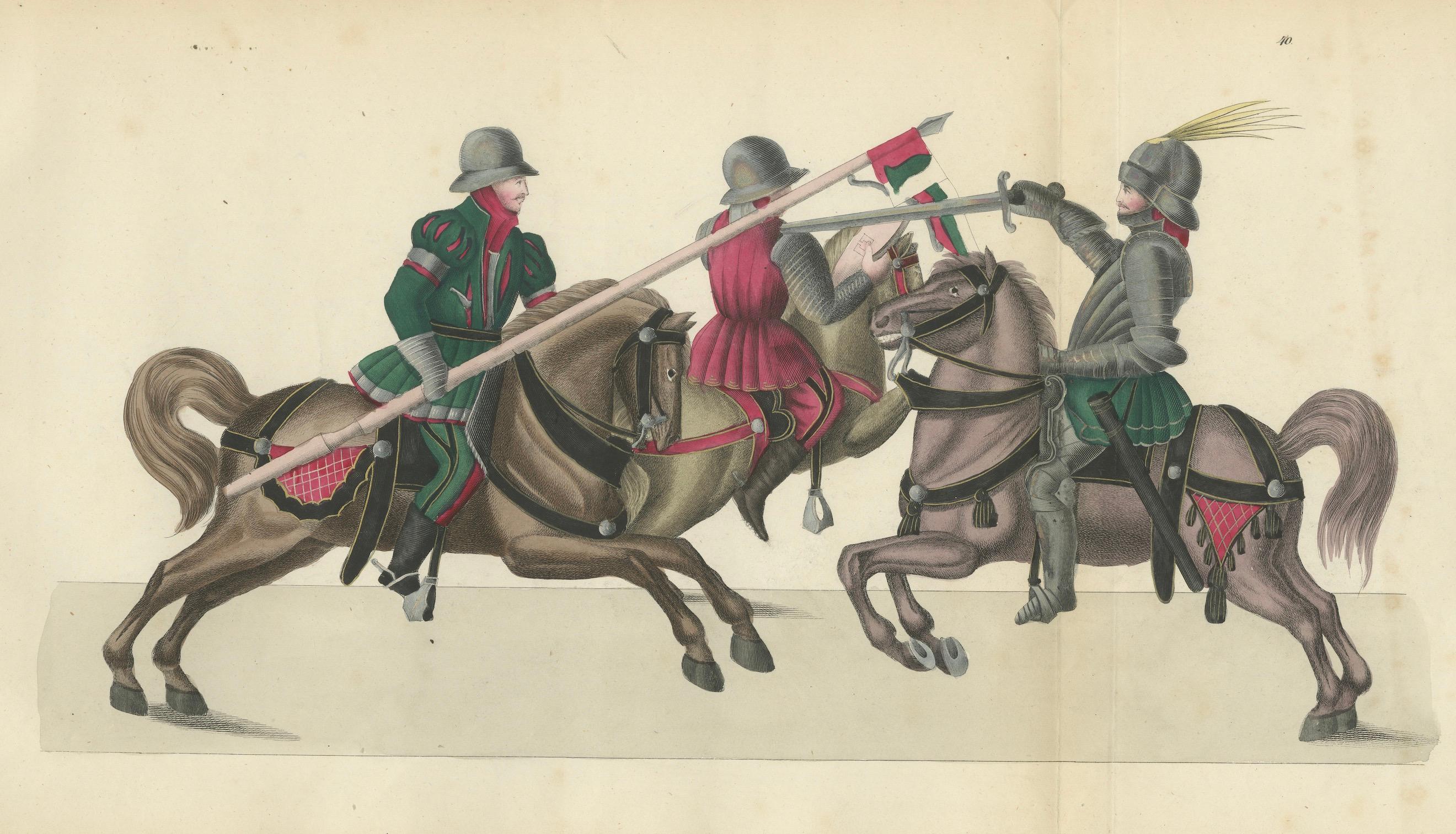Papier Lithographie du 19e siècle représentant un combat monté avec une lance et une épée en vente