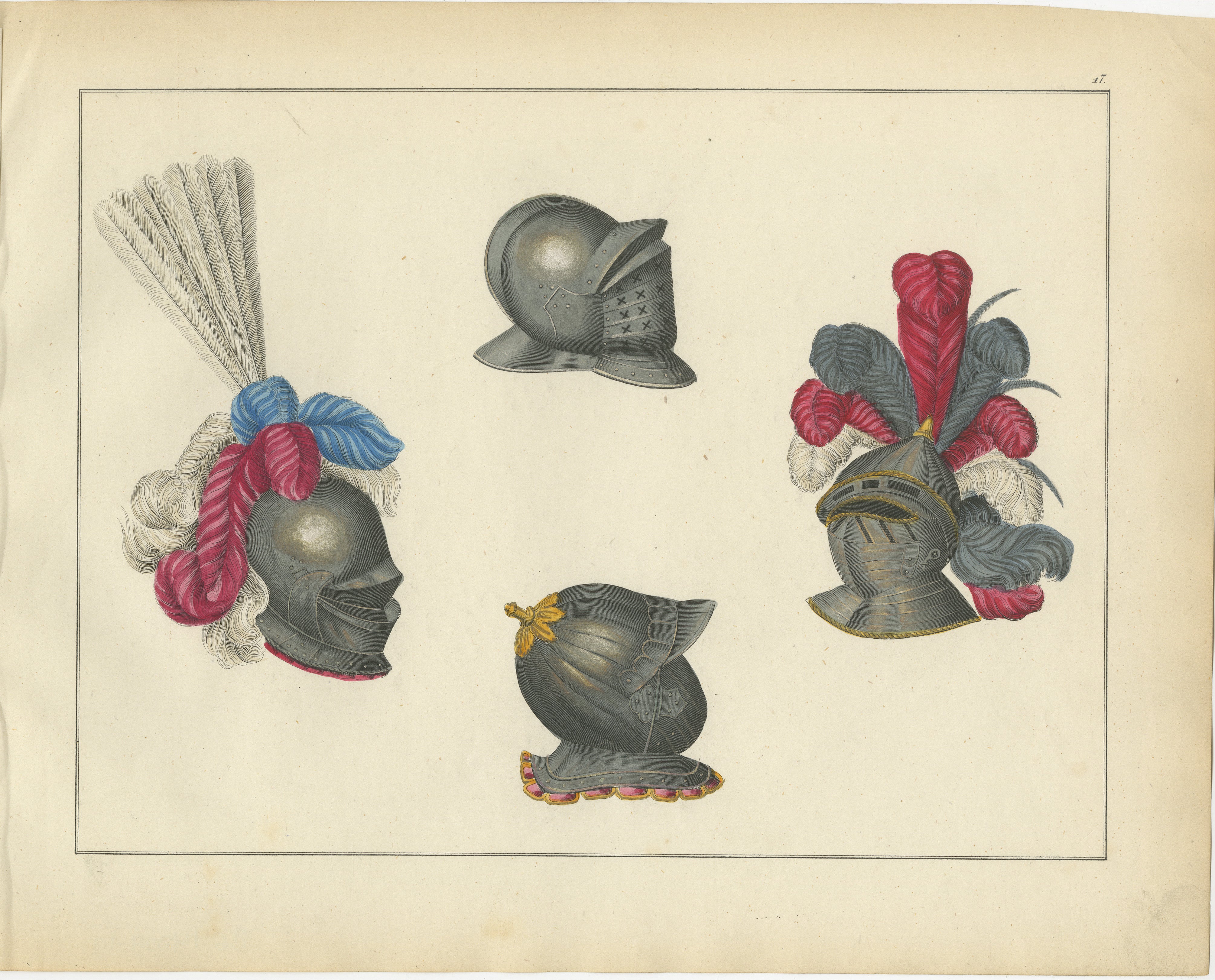 Titre : Lithographie du XIXe siècle, coloriée à la main, représentant des casques de chevaliers ornés de panaches.  

Description : Cette magnifique lithographie coloriée à la main présente quatre casques de chevaliers, ornés de motifs élaborés et