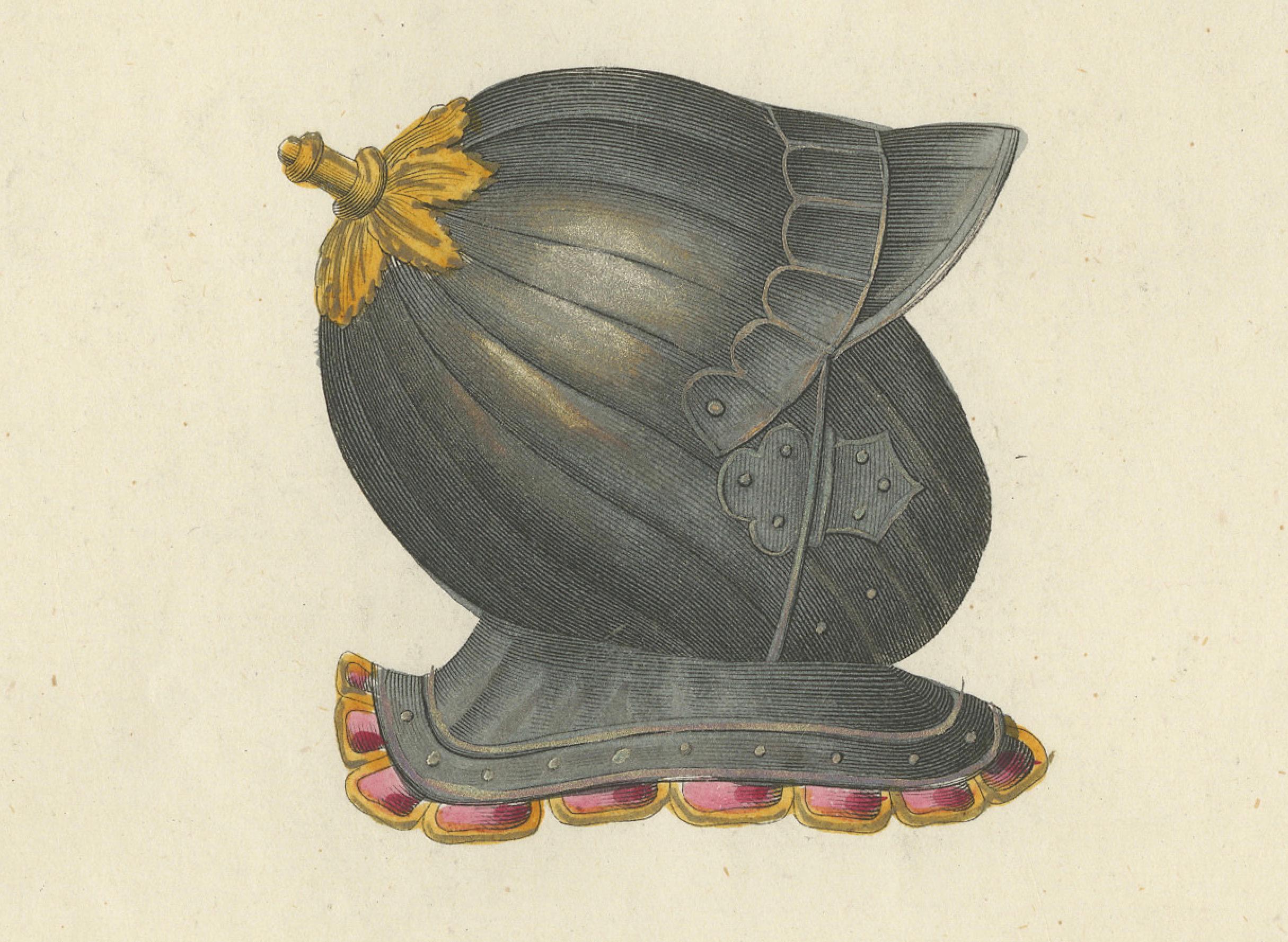 Lithographie du 19e siècle, collectionnée à la main, représentant des casques chevaliers ornés avec des plumes Bon état - En vente à Langweer, NL