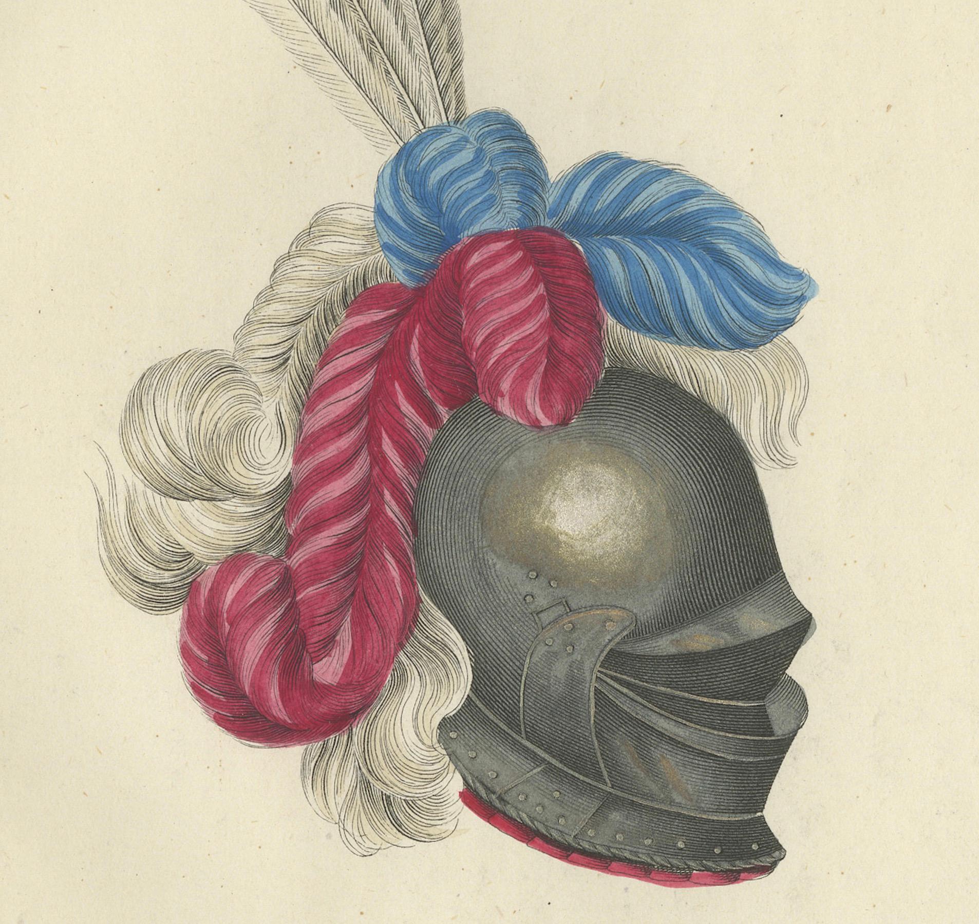 Milieu du XIXe siècle Lithographie du 19e siècle, collectionnée à la main, représentant des casques chevaliers ornés avec des plumes en vente