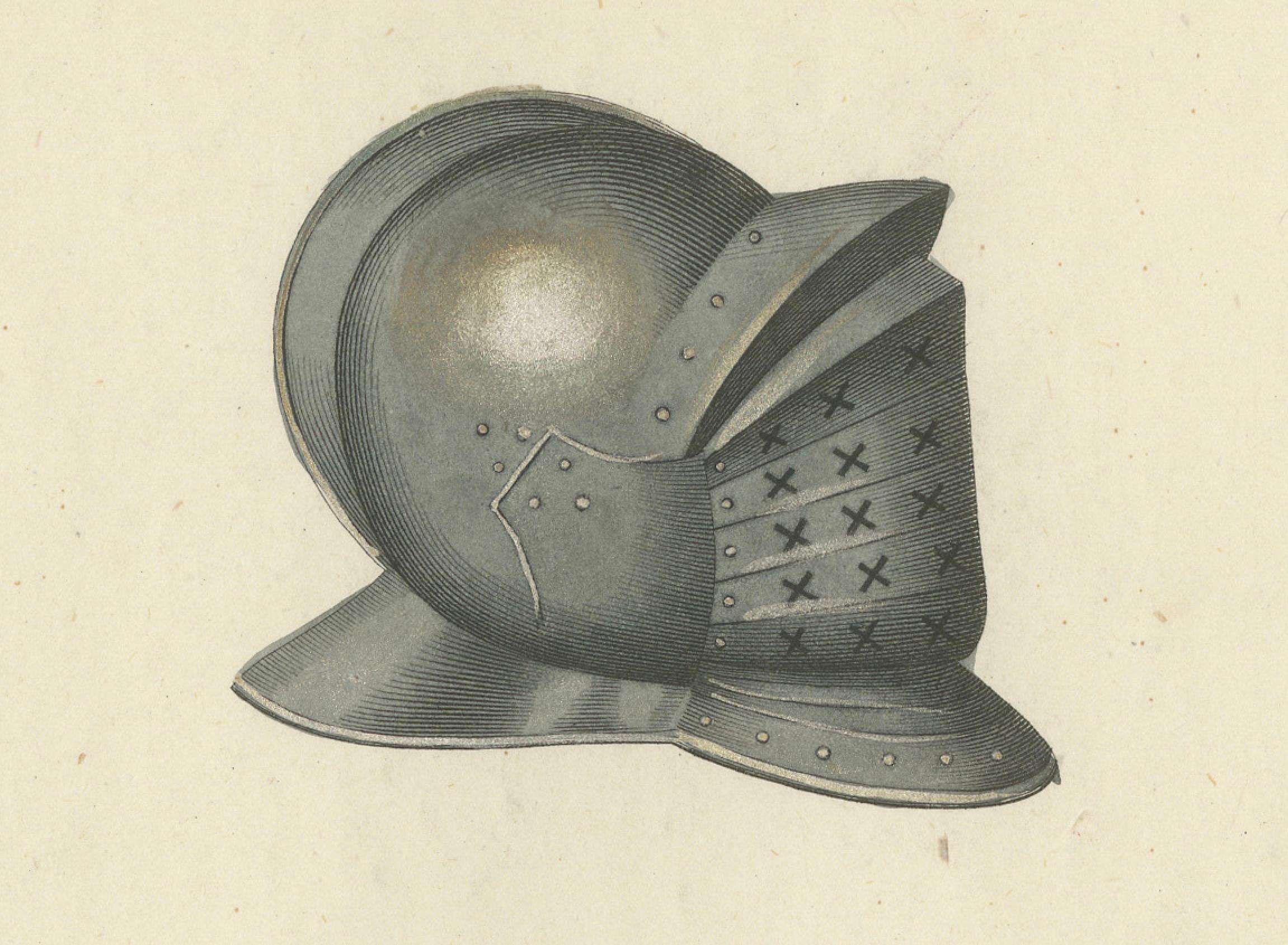 Papier Lithographie du 19e siècle, collectionnée à la main, représentant des casques chevaliers ornés avec des plumes en vente