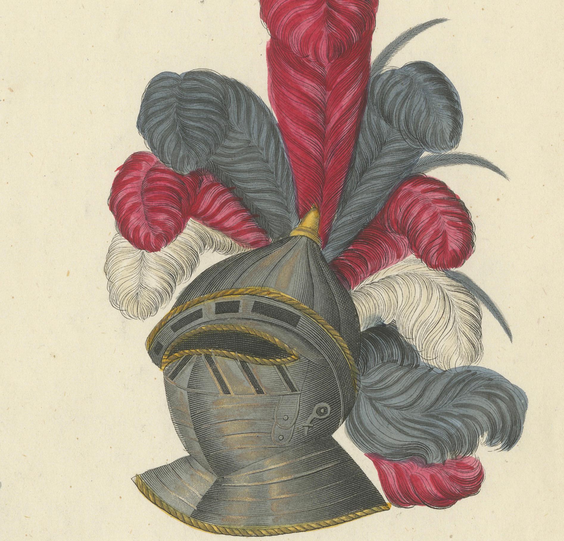 Lithographie du 19e siècle, collectionnée à la main, représentant des casques chevaliers ornés avec des plumes en vente 1