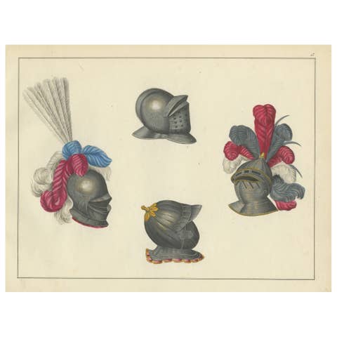 19th-Century Hand-Coloured Lithograph of Ornate Knightly Helmets with Plumes