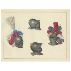 Handkolorierte Lithographie verschnörkelter Ritter Helme mit Pflaumen aus dem 19. Jahrhundert