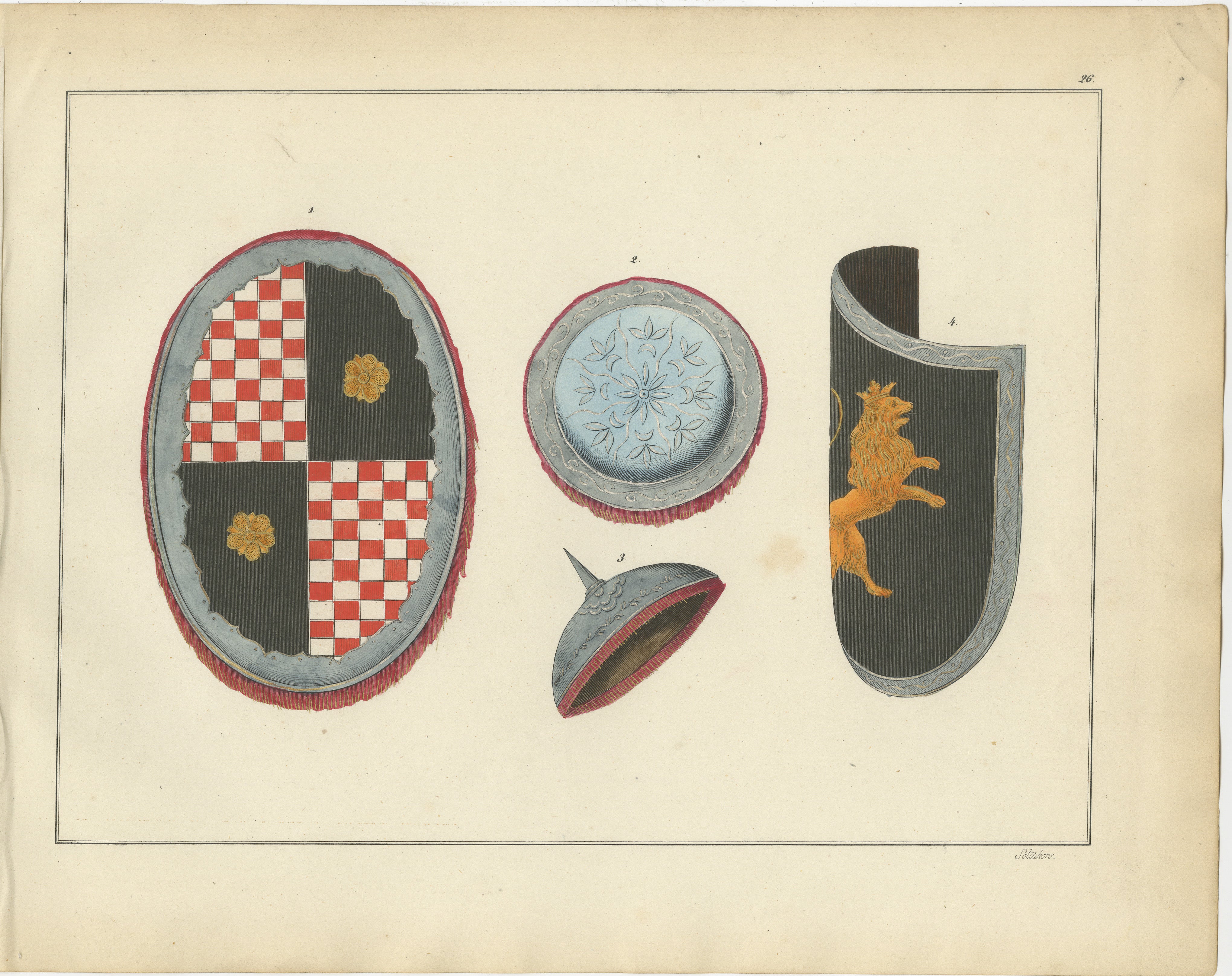 Title: 19th-Century Hand-Coloured Lithograph of Ornate Medieval and Renaissance Shields  

Description: This beautifully hand-coloured lithograph presents four distinct medieval and Renaissance shields, showcasing the diversity of European heraldic