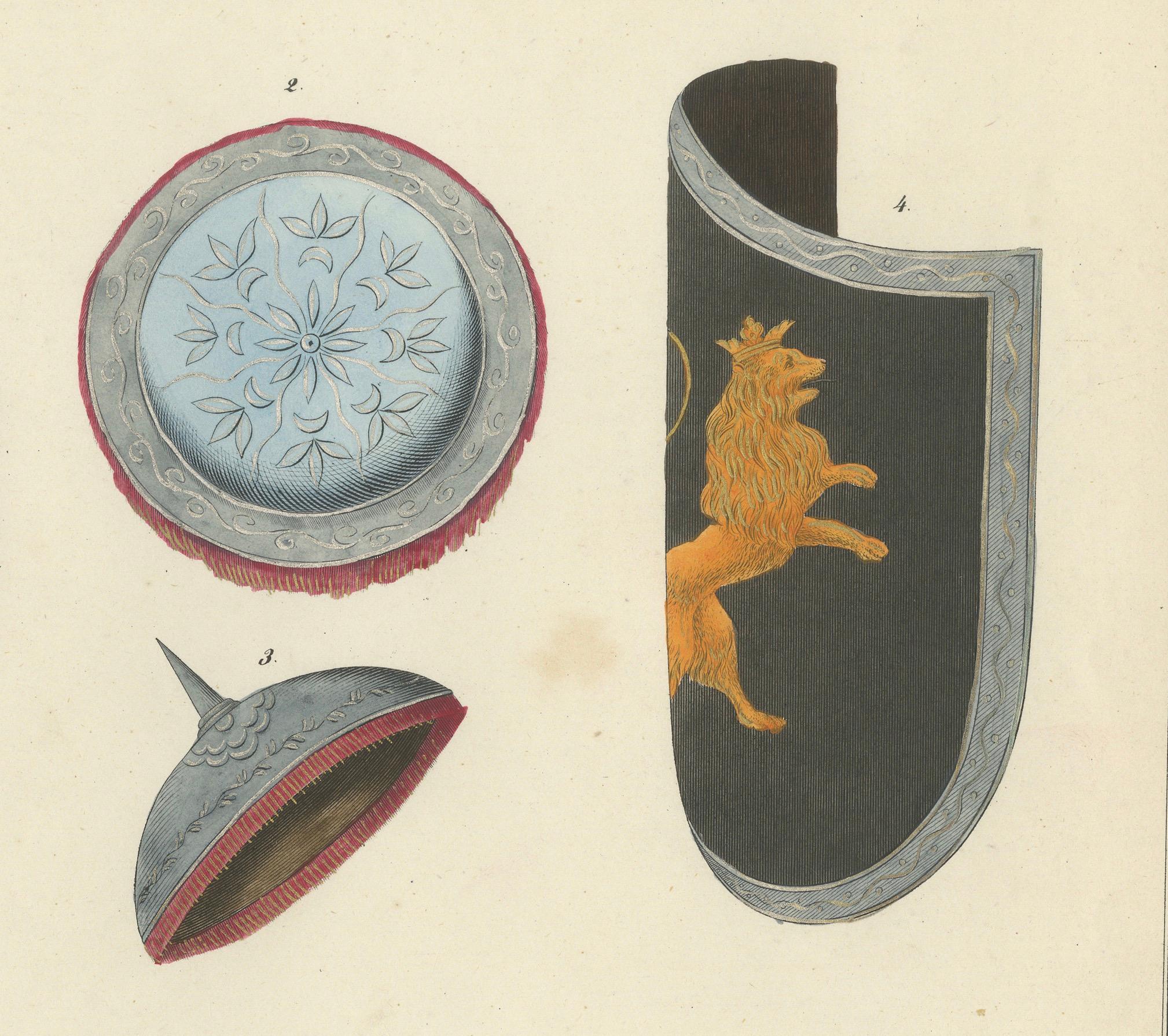 19th-Century Hand-Coloured Lithograph of Ornate Medieval and Renaissance Shields In Good Condition For Sale In Langweer, NL