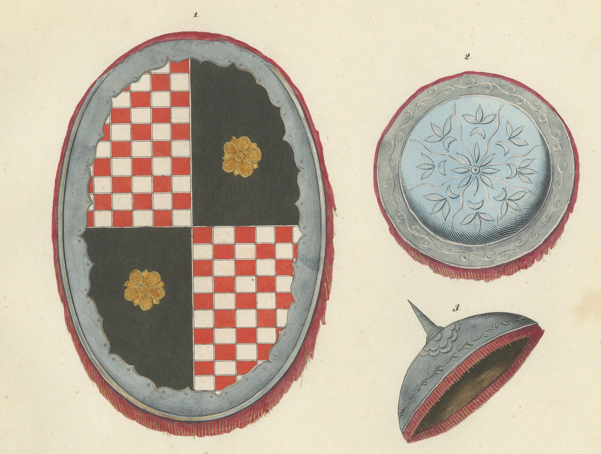 Mid-19th Century 19th-Century Hand-Coloured Lithograph of Ornate Medieval and Renaissance Shields For Sale