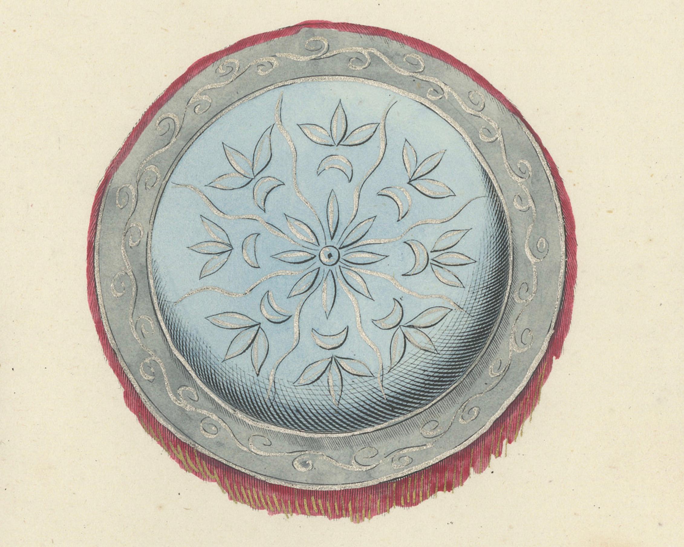 Paper 19th-Century Hand-Coloured Lithograph of Ornate Medieval and Renaissance Shields For Sale