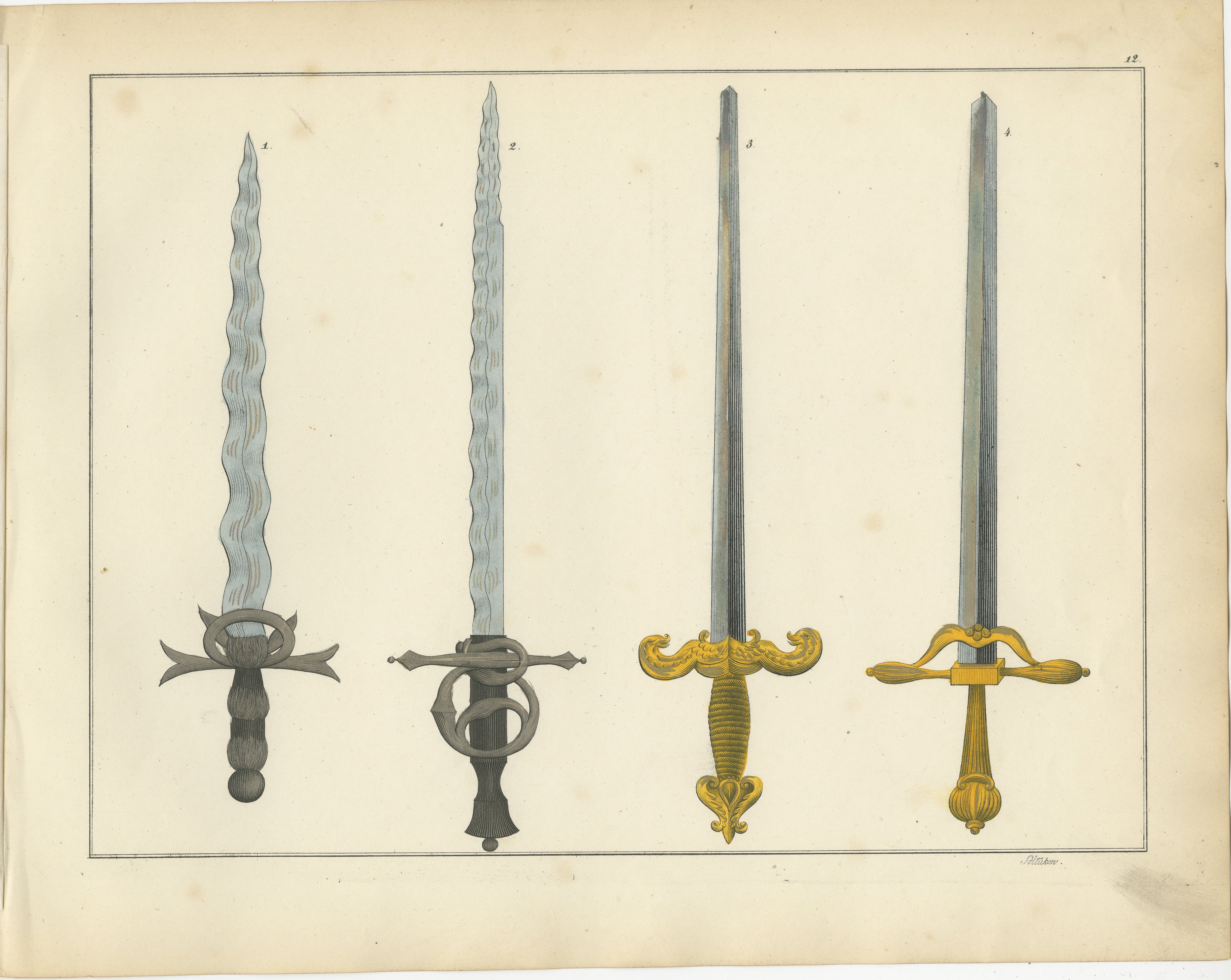 Lithographie ornée à la main des épées médiévales et de la Renaissance du 19e siècle  

Description : Cette élégante lithographie coloriée à la main présente quatre épées distinctes, mettant en valeur le savoir-faire et l'art des armes blanches des