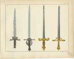 19th-Century Hand-Coloured Lithograph of Ornate Medieval and Renaissance Swords