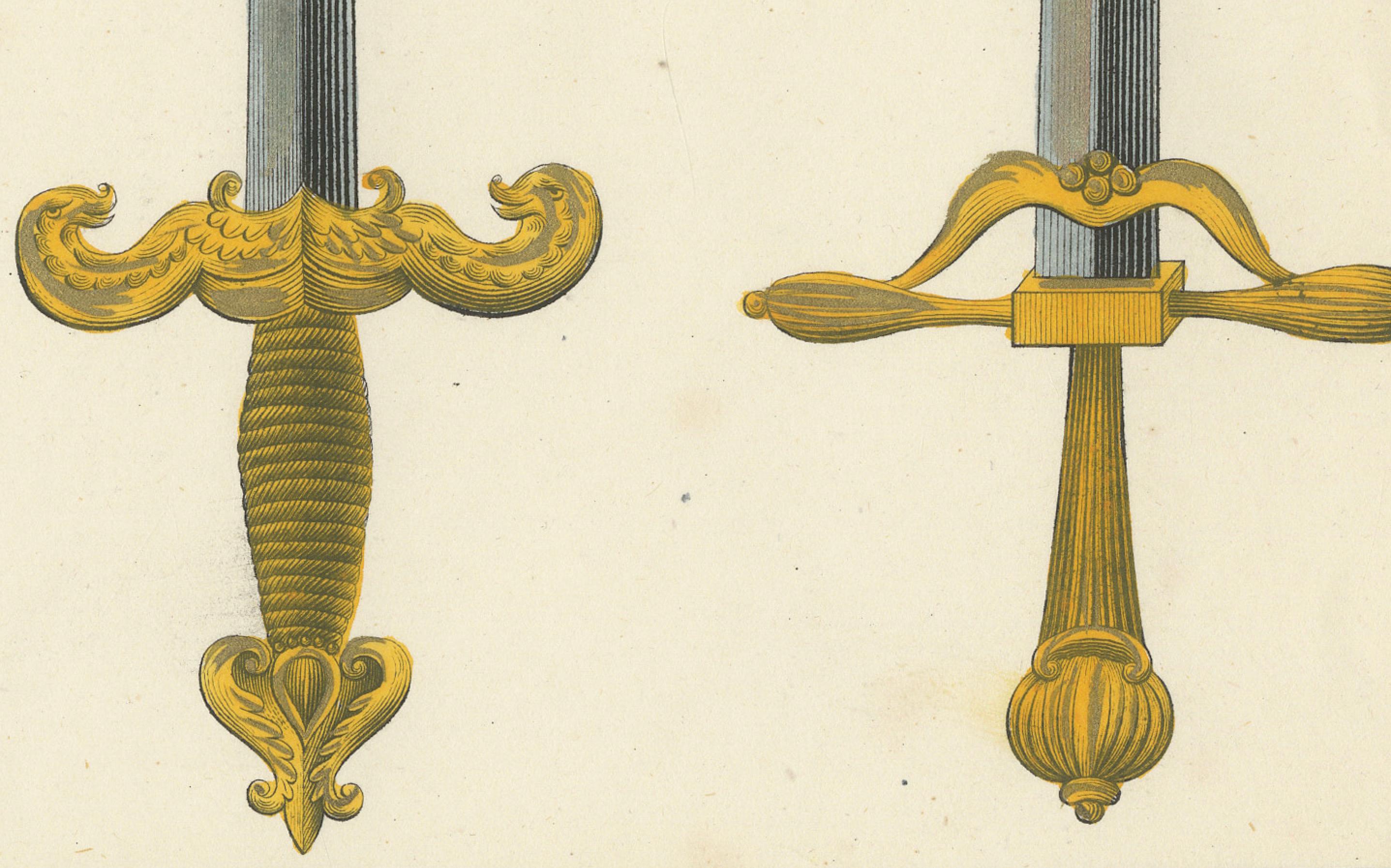 Papier Lithographie ornée à la main des épées médiévales et de la Renaissance du 19e siècle en vente