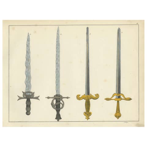 19th-Century Hand-Coloured Lithograph of Ornate Medieval and Renaissance Swords