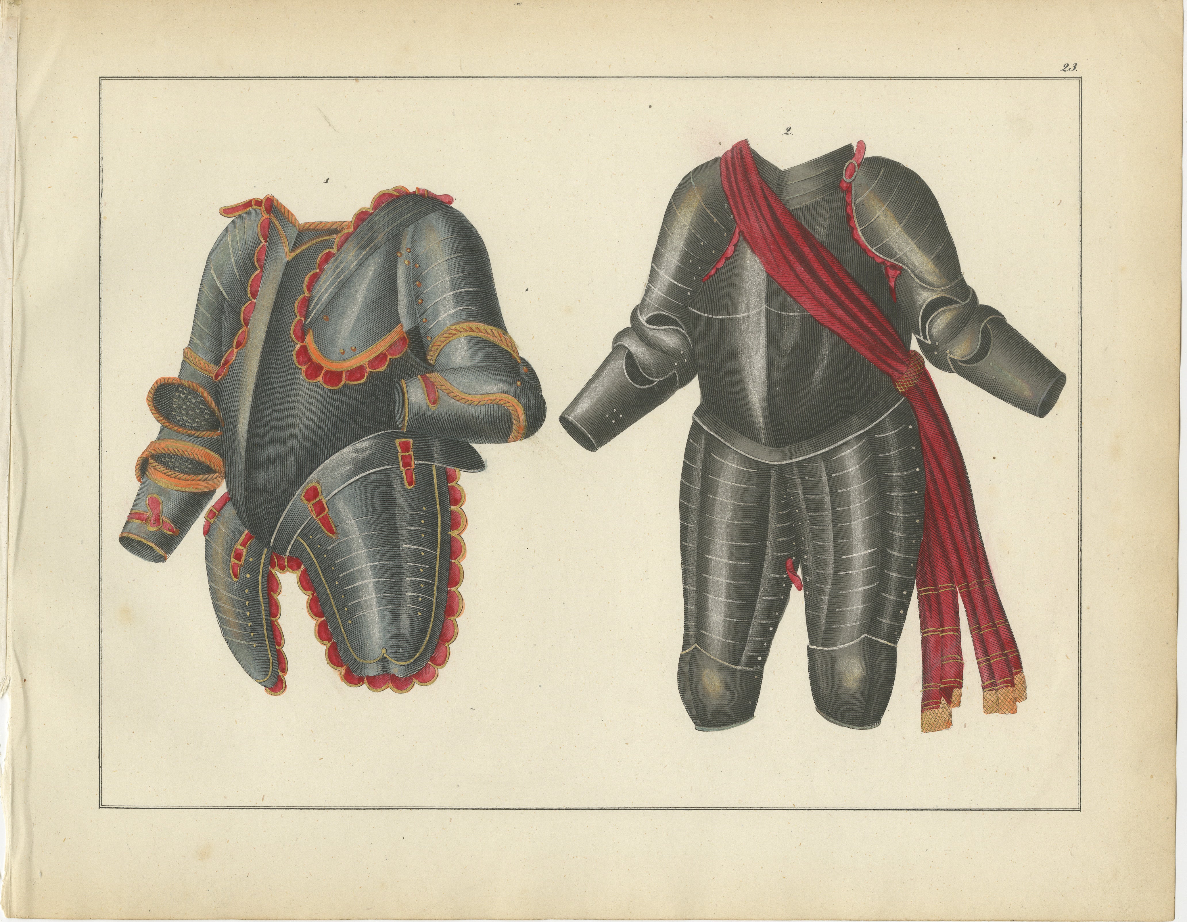 19th-Century Hand-Coloured Lithograph of Ornate Parade and Tournament Armor  

This striking hand-coloured lithograph showcases two magnificent suits of parade and ceremonial armor, reflecting the splendor and craftsmanship of European Renaissance