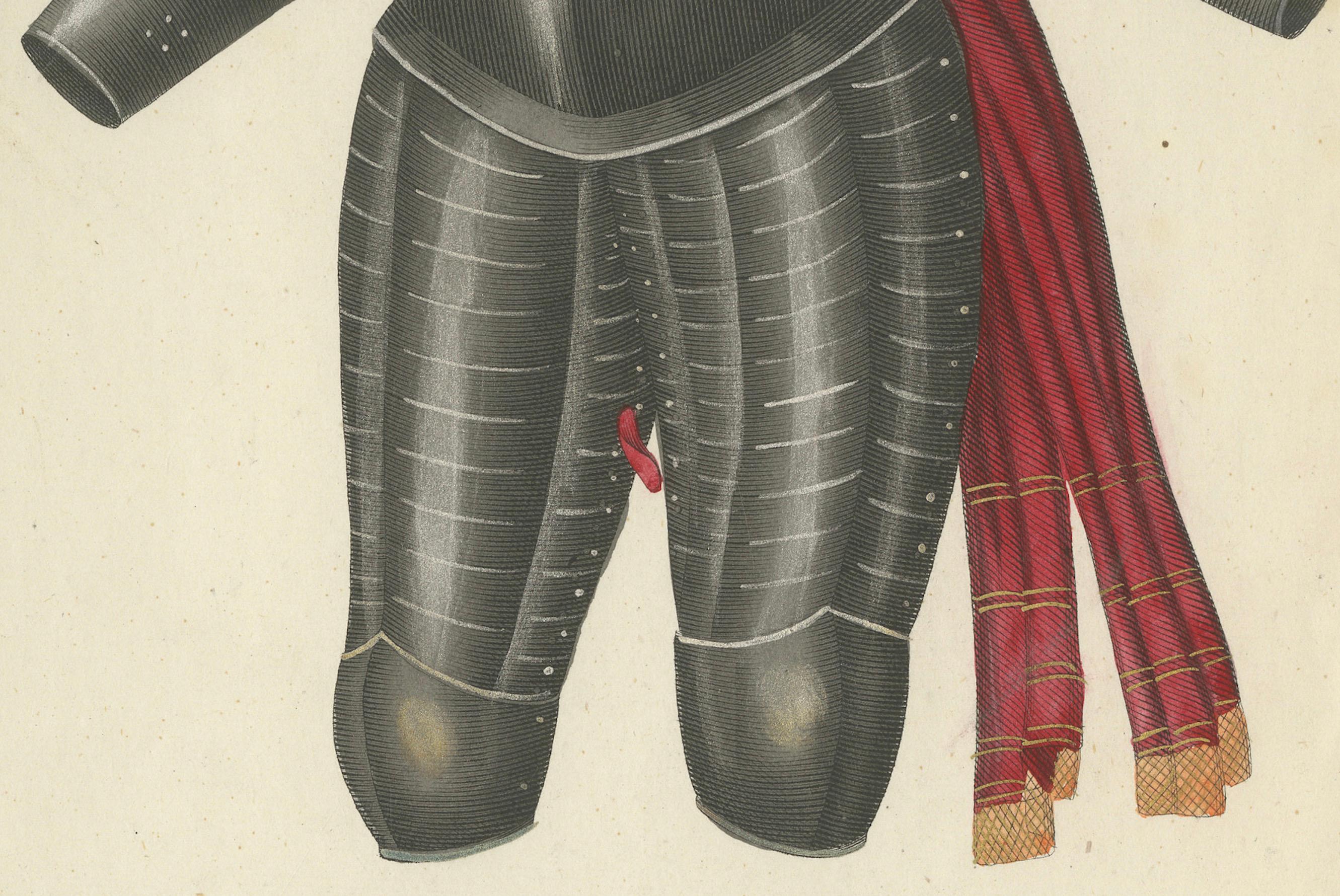 19th-Century Hand-Coloured Lithograph of Ornate Parade and Tournament Armor In Good Condition For Sale In Langweer, NL