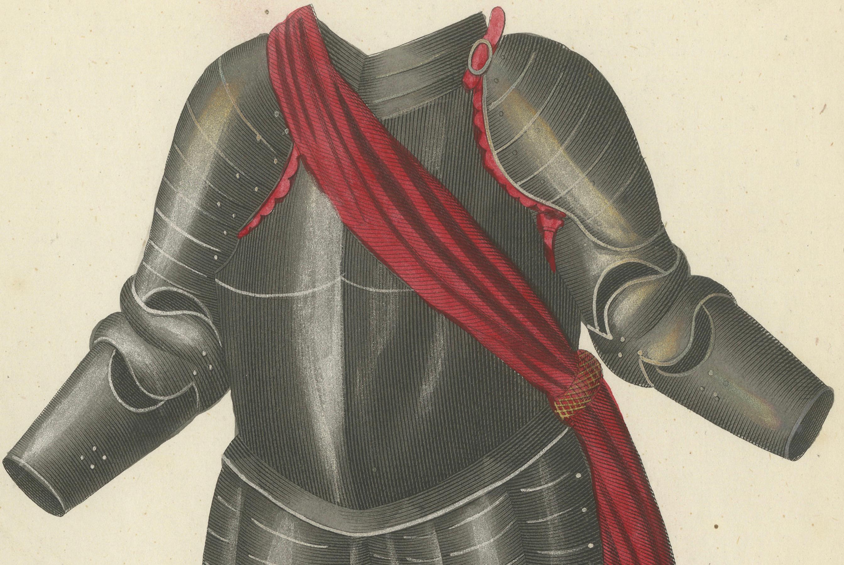 Mid-19th Century 19th-Century Hand-Coloured Lithograph of Ornate Parade and Tournament Armor For Sale