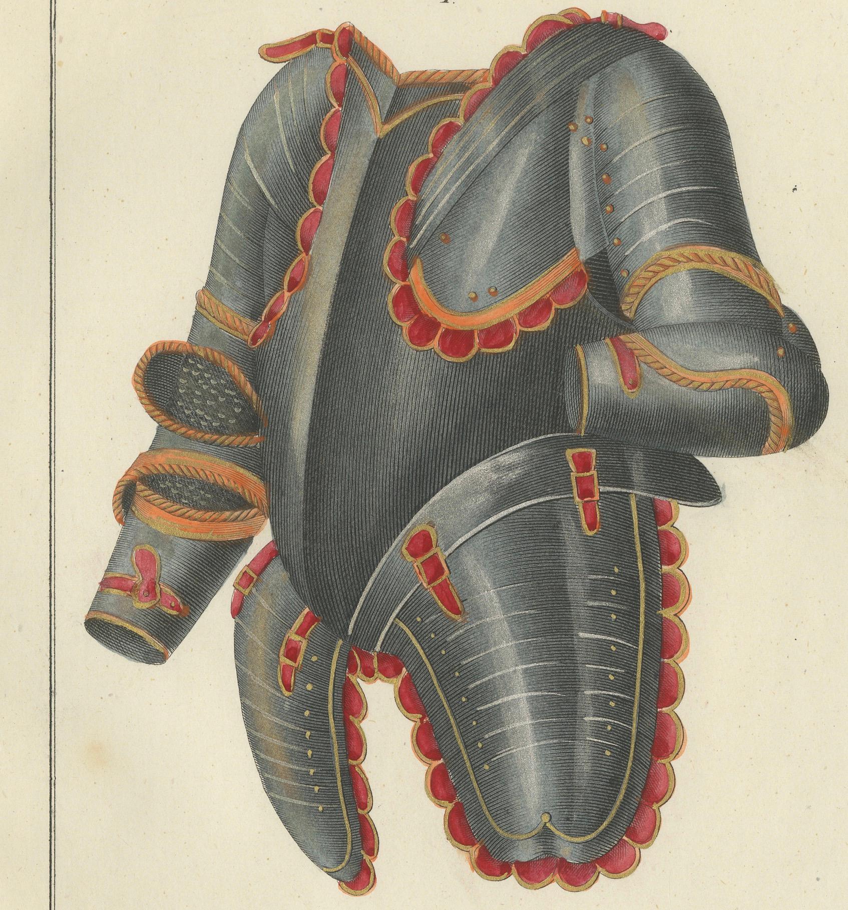 Paper 19th-Century Hand-Coloured Lithograph of Ornate Parade and Tournament Armor For Sale
