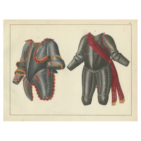 19th-Century Hand-Coloured Lithograph of Ornate Parade and Tournament Armor