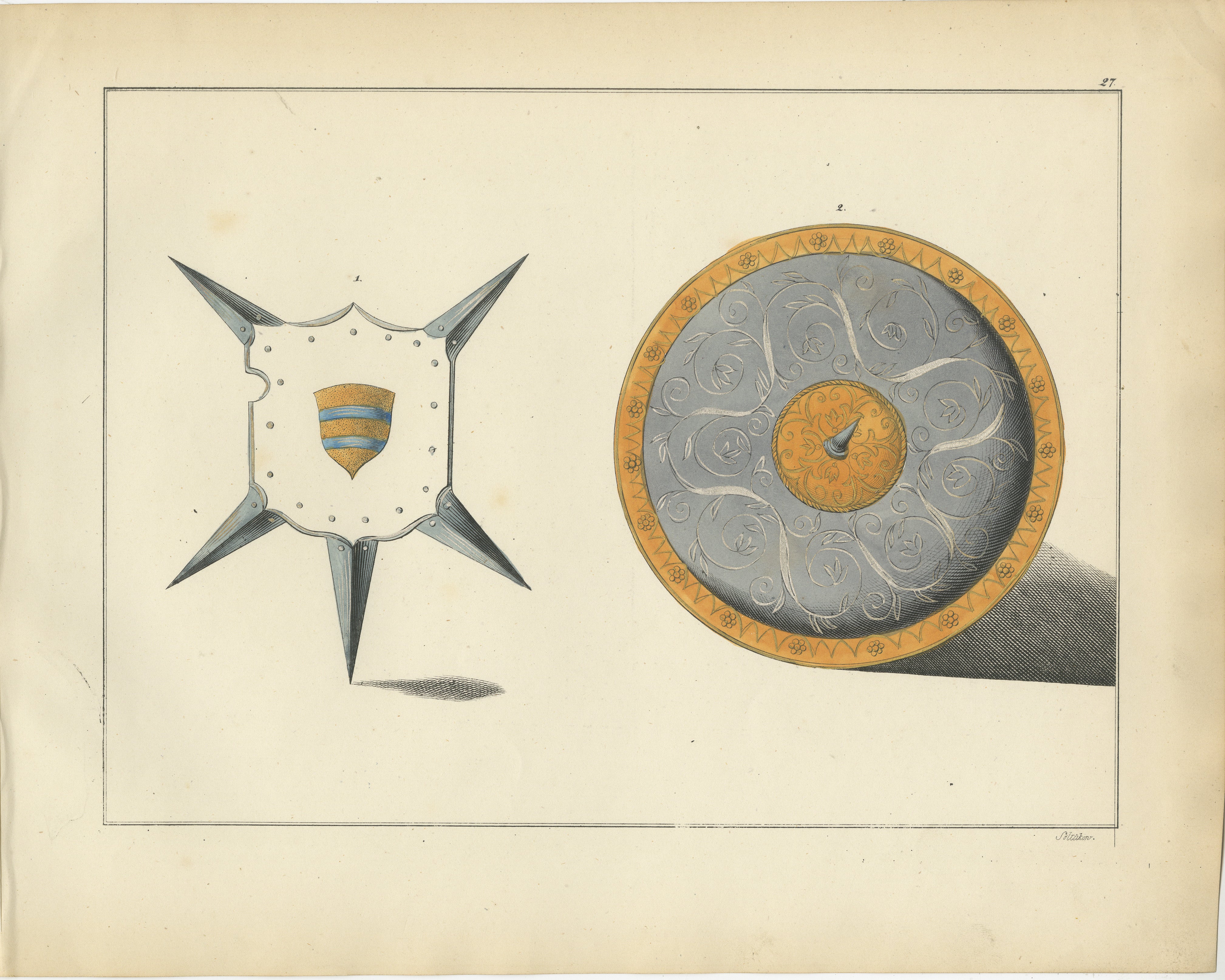 Title: 19th-Century Hand-Coloured Lithograph of Ornate Spiked and Circular Shields  

Description:  This exquisite hand-coloured lithograph features two striking examples of medieval shields, meticulously rendered with attention to detail and