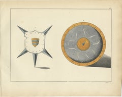 19th-Century Hand-Coloured Lithograph of Ornate Spiked and Circular Shields