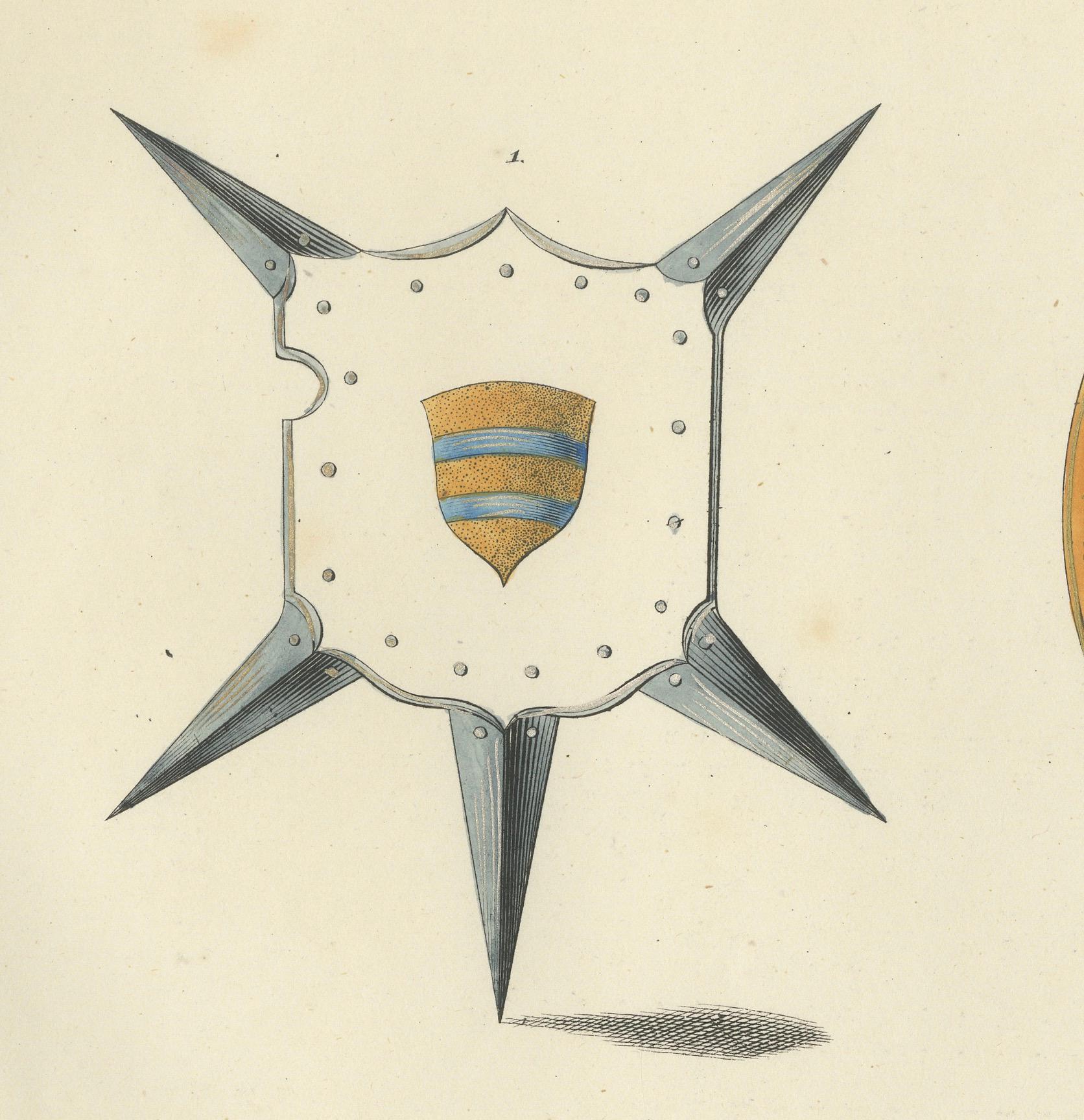 19th-Century Hand-Coloured Lithograph of Ornate Spiked and Circular Shields In Good Condition For Sale In Langweer, NL