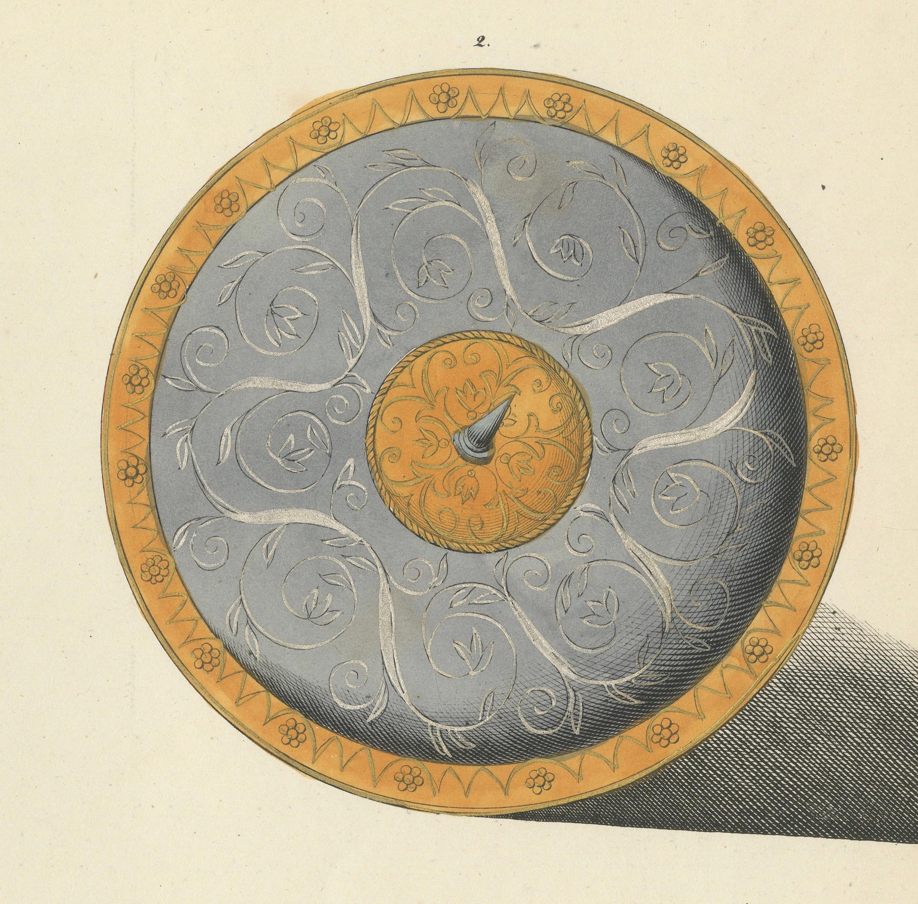 Mid-19th Century 19th-Century Hand-Coloured Lithograph of Ornate Spiked and Circular Shields For Sale