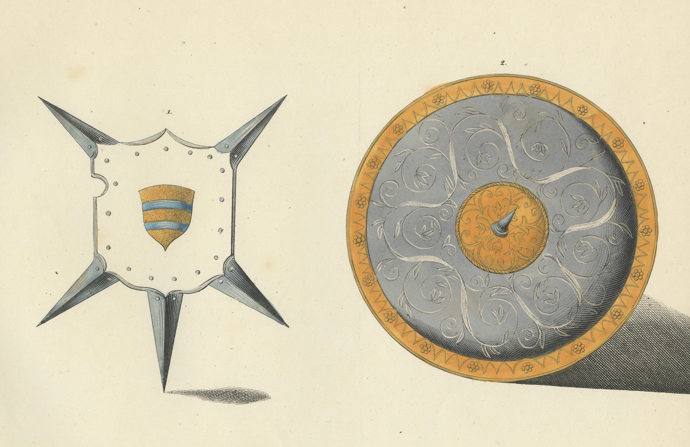 Paper 19th-Century Hand-Coloured Lithograph of Ornate Spiked and Circular Shields For Sale