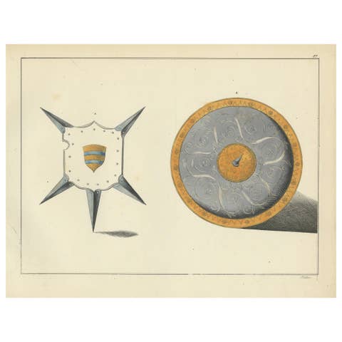 19th-Century Hand-Coloured Lithograph of Ornate Spiked and Circular Shields