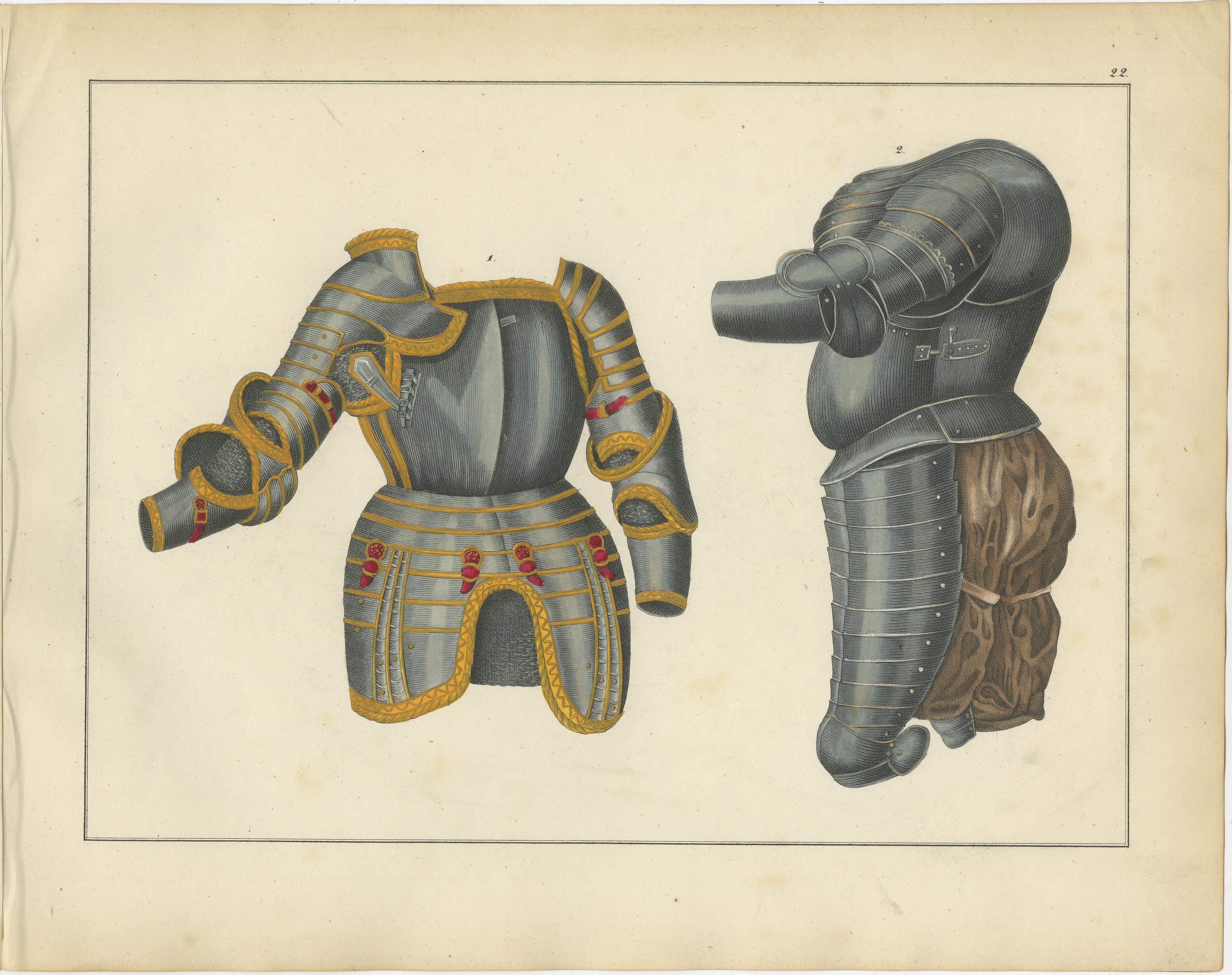 Titel: Handkolorierte Lithografie des 19. Jahrhunderts mit verzierten Turnier- und Plattenrüstungen  

Beschreibung: Diese detailreiche, handkolorierte Lithografie zeigt zwei prächtige Beispiele von Plattenrüstungen aus dem Spätmittelalter und der
