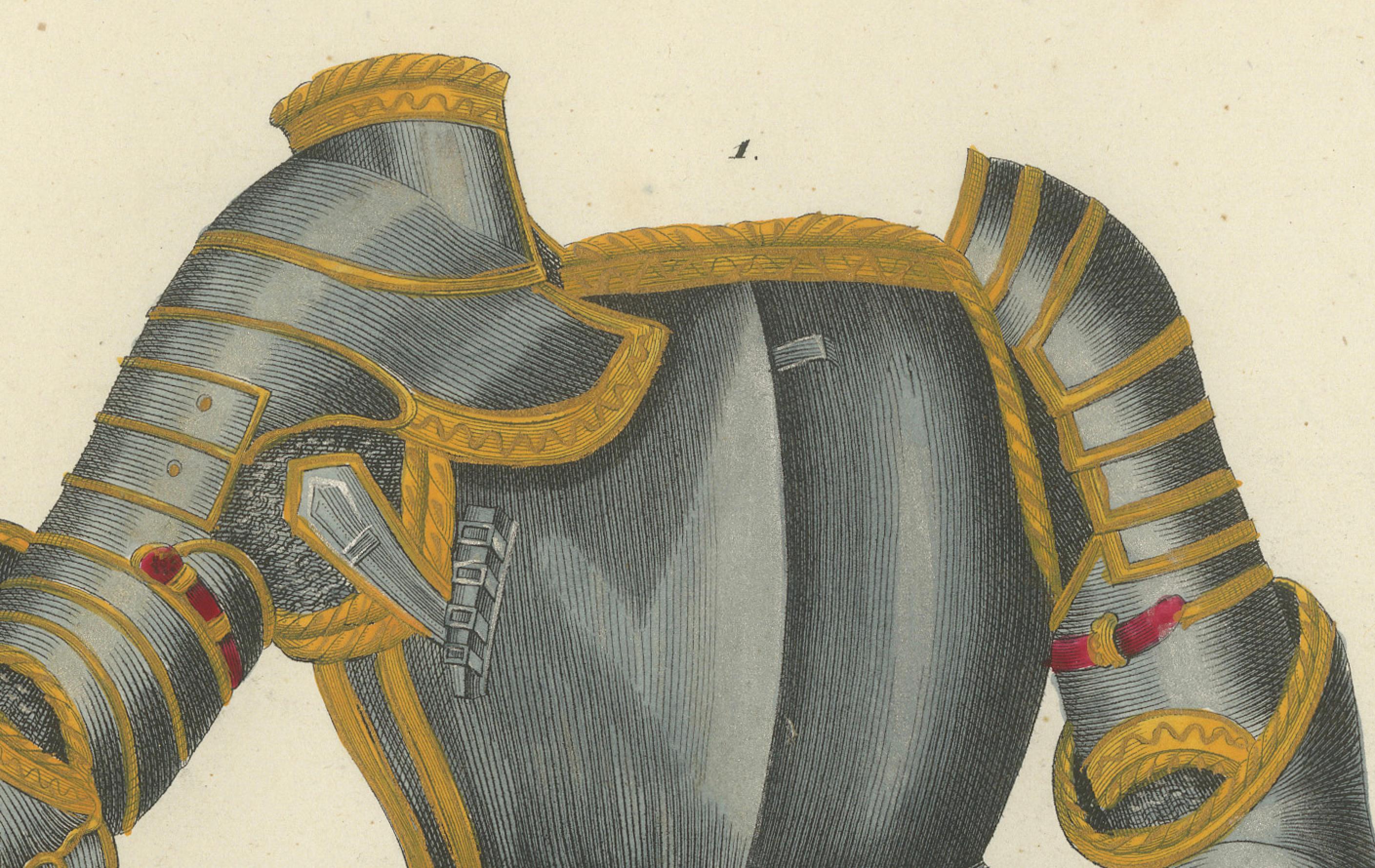 Handkolorierte Lithographie mit verschnörkelten Verzierungen und Teller Rüstung aus dem 19. Jahrhundert im Zustand „Gut“ im Angebot in Langweer, NL