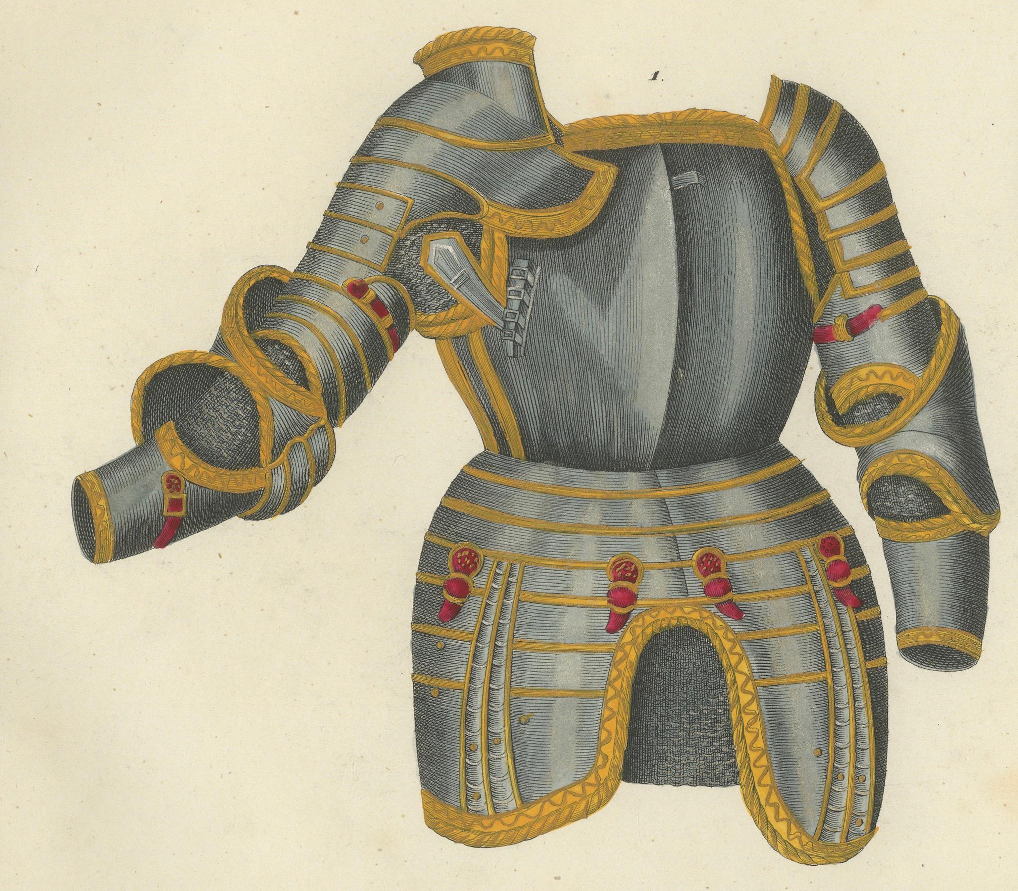 Handkolorierte Lithographie mit verschnörkelten Verzierungen und Teller Rüstung aus dem 19. Jahrhundert (Papier) im Angebot