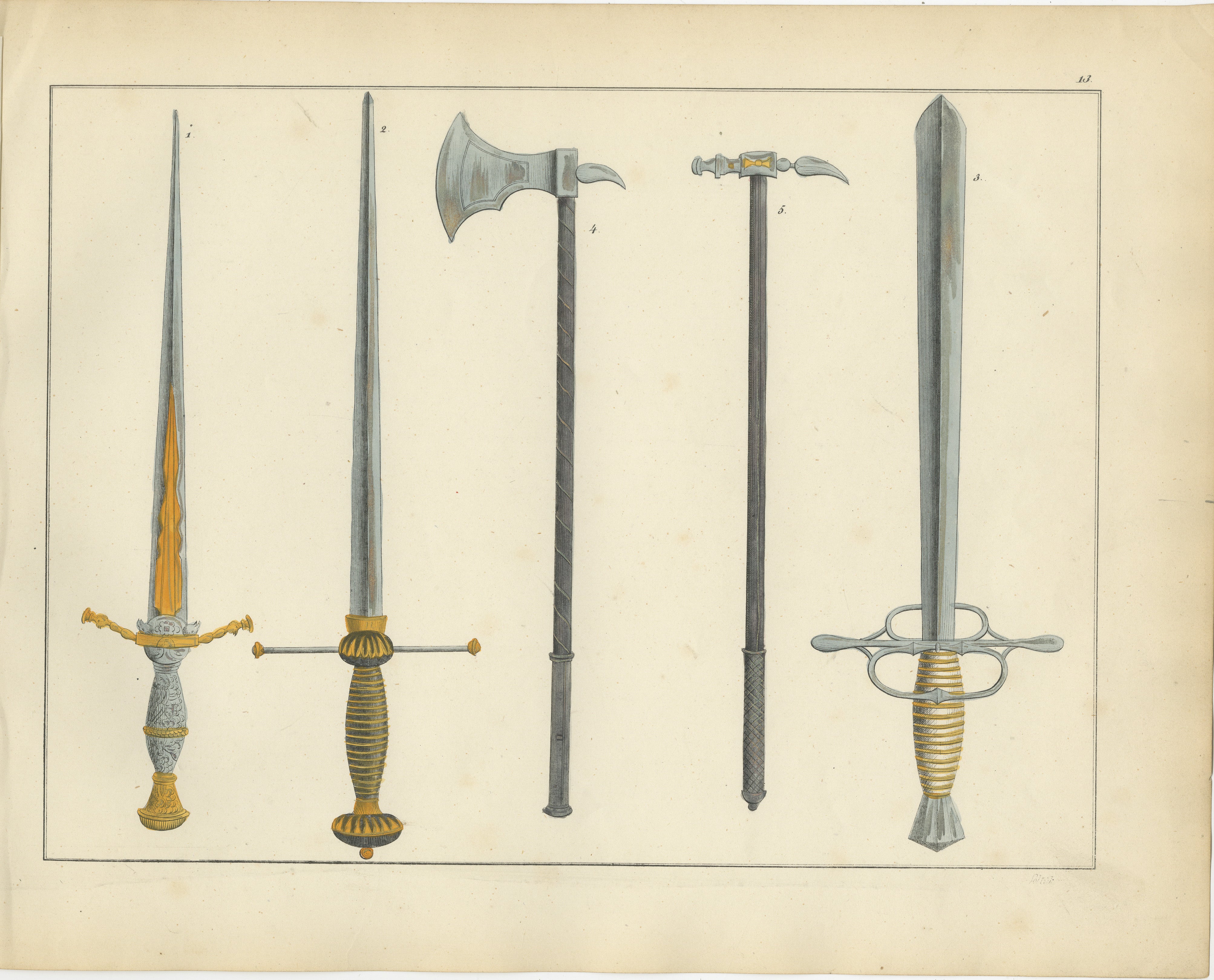 Litografía coloreada a mano del siglo XIX de espadas, hachas y martillos de guerra  

Descripción: Esta litografía coloreada a mano y finamente ejecutada muestra un impresionante despliegue de armas blancas y de asta medievales y renacentistas, que