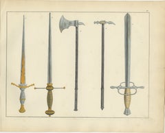 19th-Century Hand-Coloured Lithograph of Swords, Axes, and War Hammers