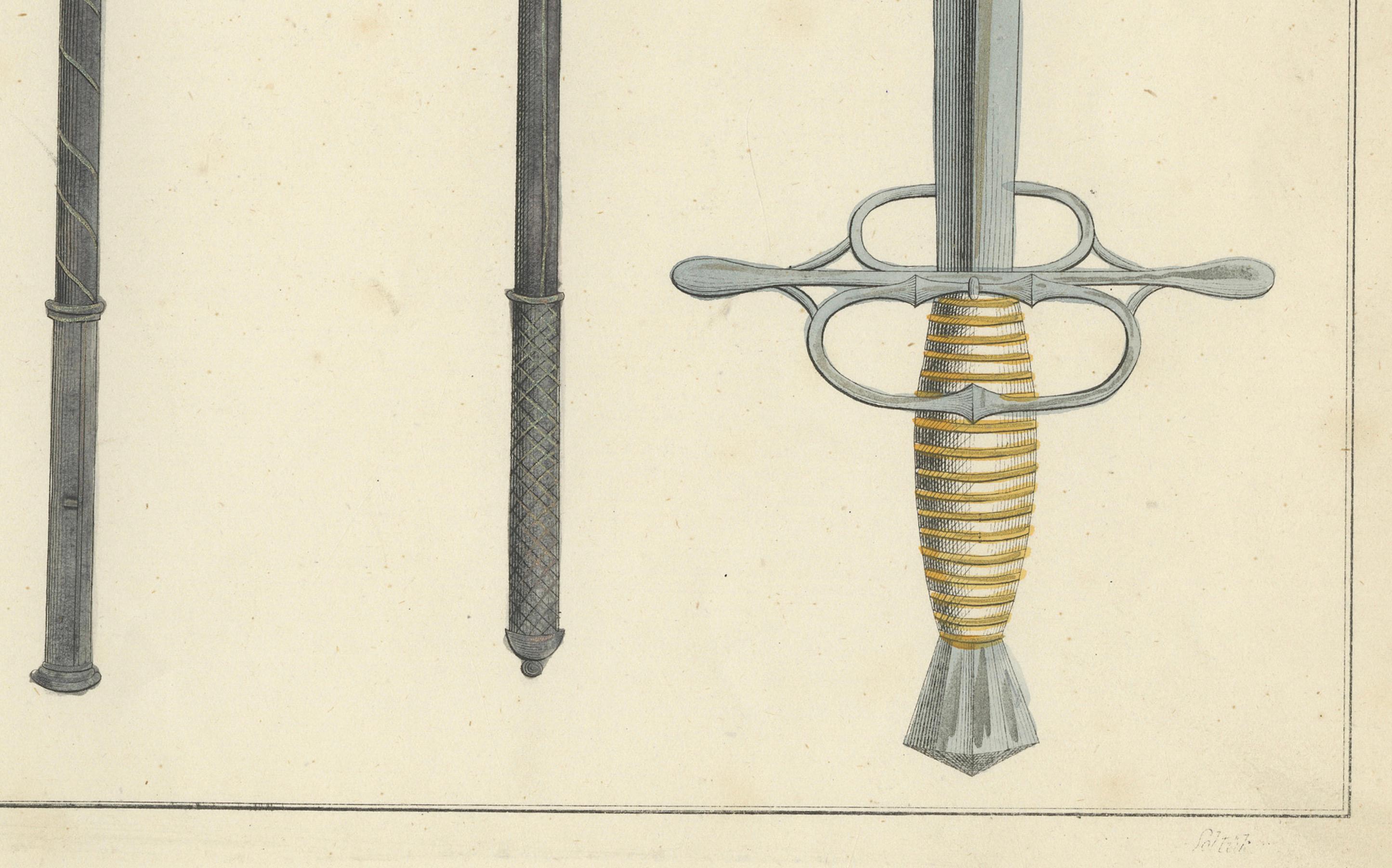 Litografía coloreada a mano del siglo XIX de espadas, hachas y martillos de guerra en Bueno estado para la venta en Langweer, NL