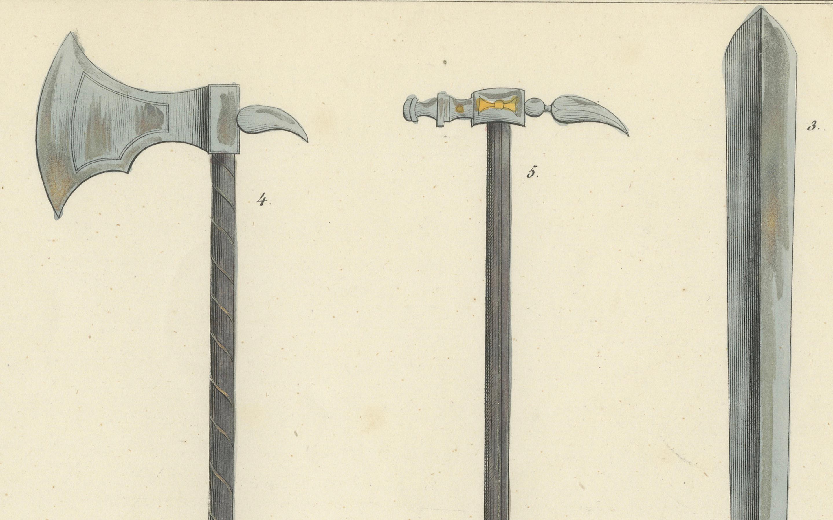 Litografía coloreada a mano del siglo XIX de espadas, hachas y martillos de guerra Mediados del siglo XIX en venta