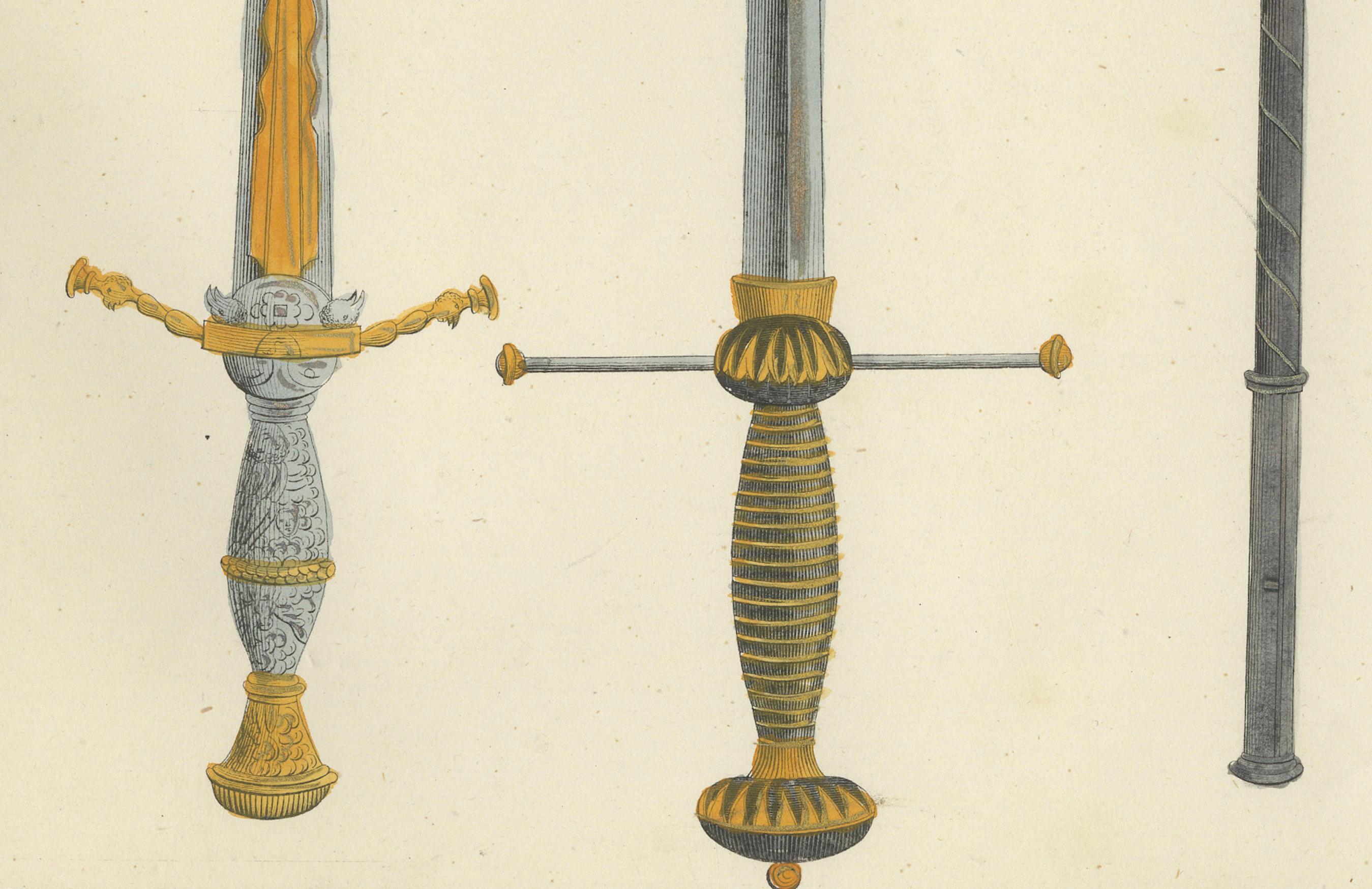 Litografía coloreada a mano del siglo XIX de espadas, hachas y martillos de guerra Papel en venta