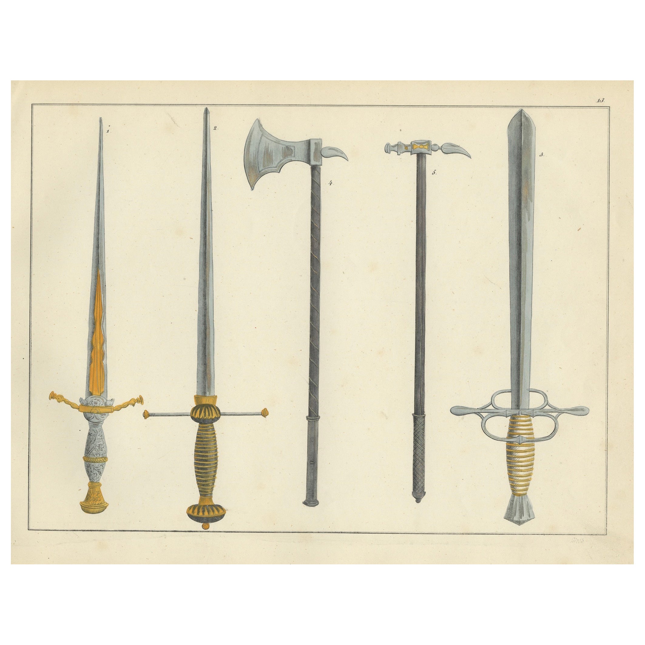 19th-Century Hand-Coloured Lithograph of Swords, Axes, and War Hammers