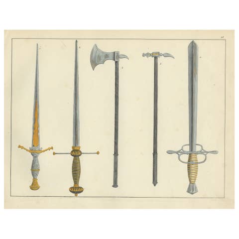 19th-Century Hand-Coloured Lithograph of Swords, Axes, and War Hammers